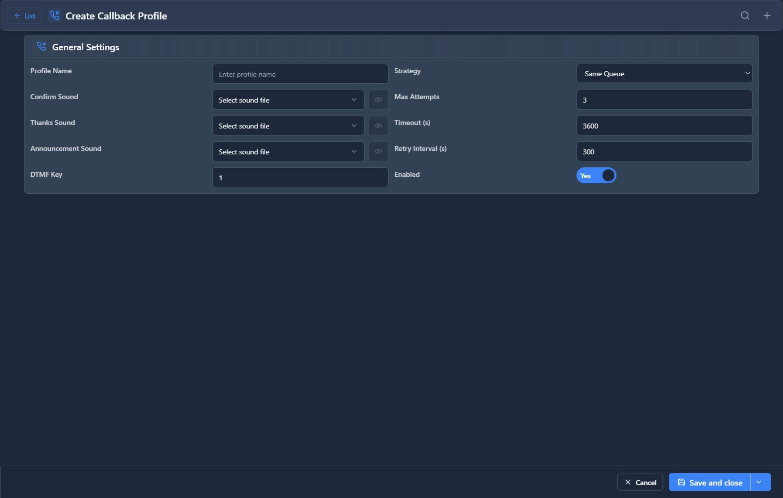 Callback Profiles Form