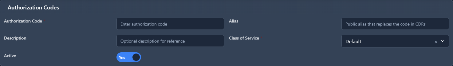 Authorization Codes Form