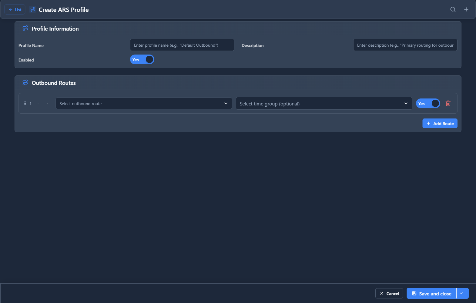 Route Selections Form