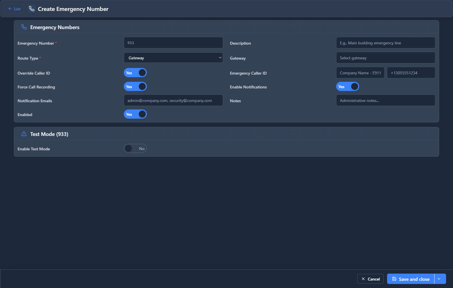 Emergency Numbers Form