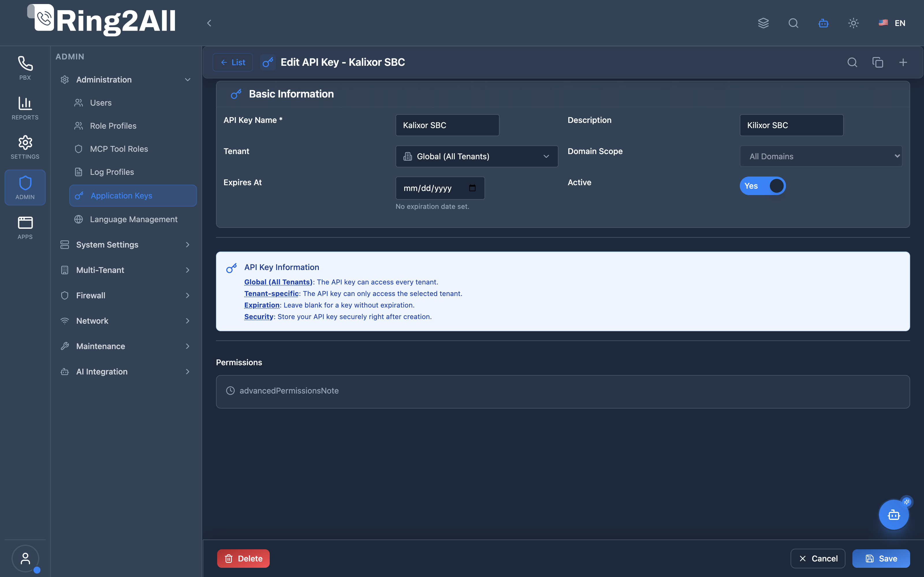 Application Key Configuration Form