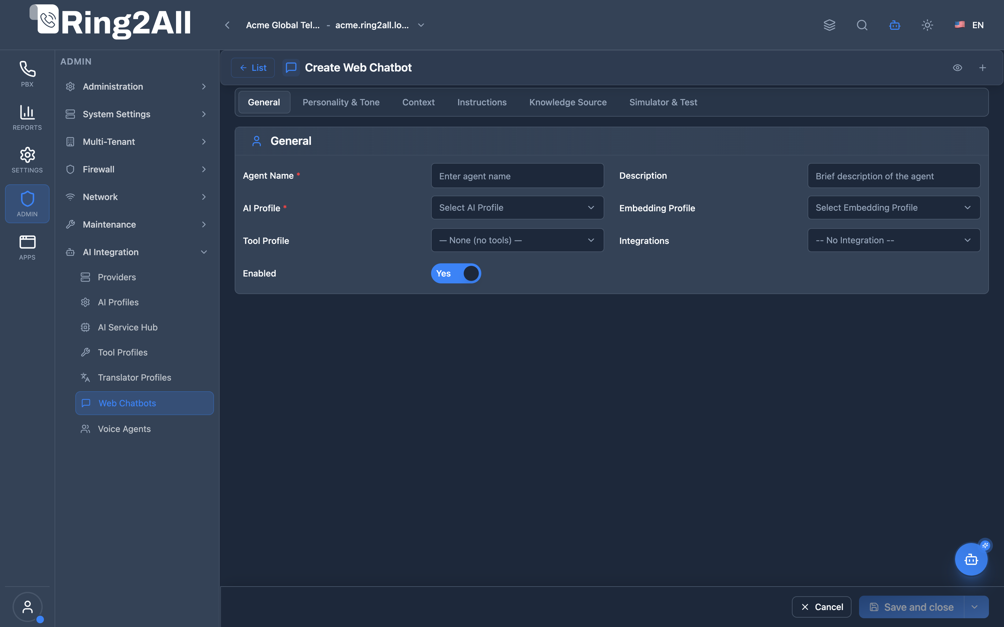 Web Chatbot Configuration Form