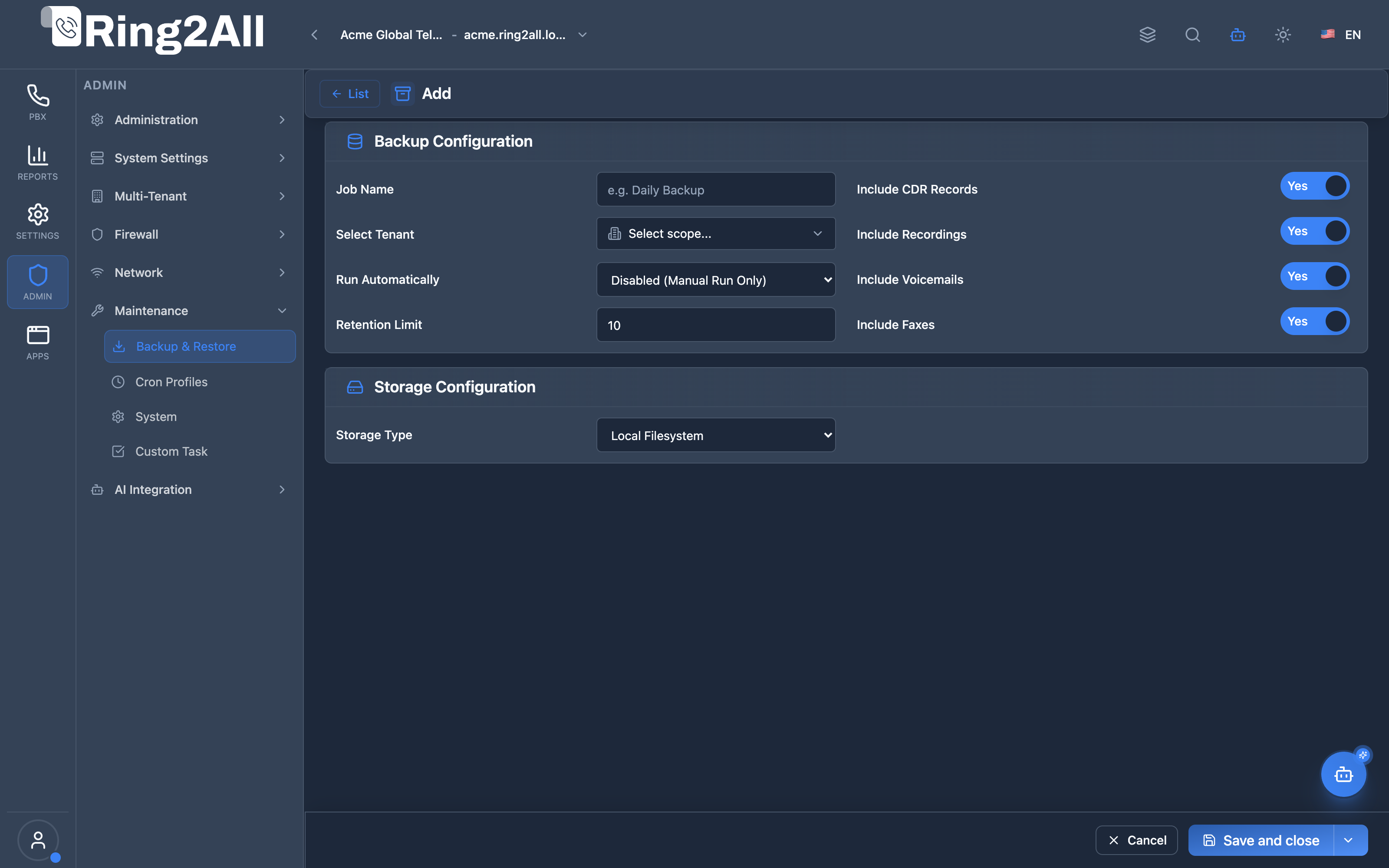 Backup Job Configuration Form