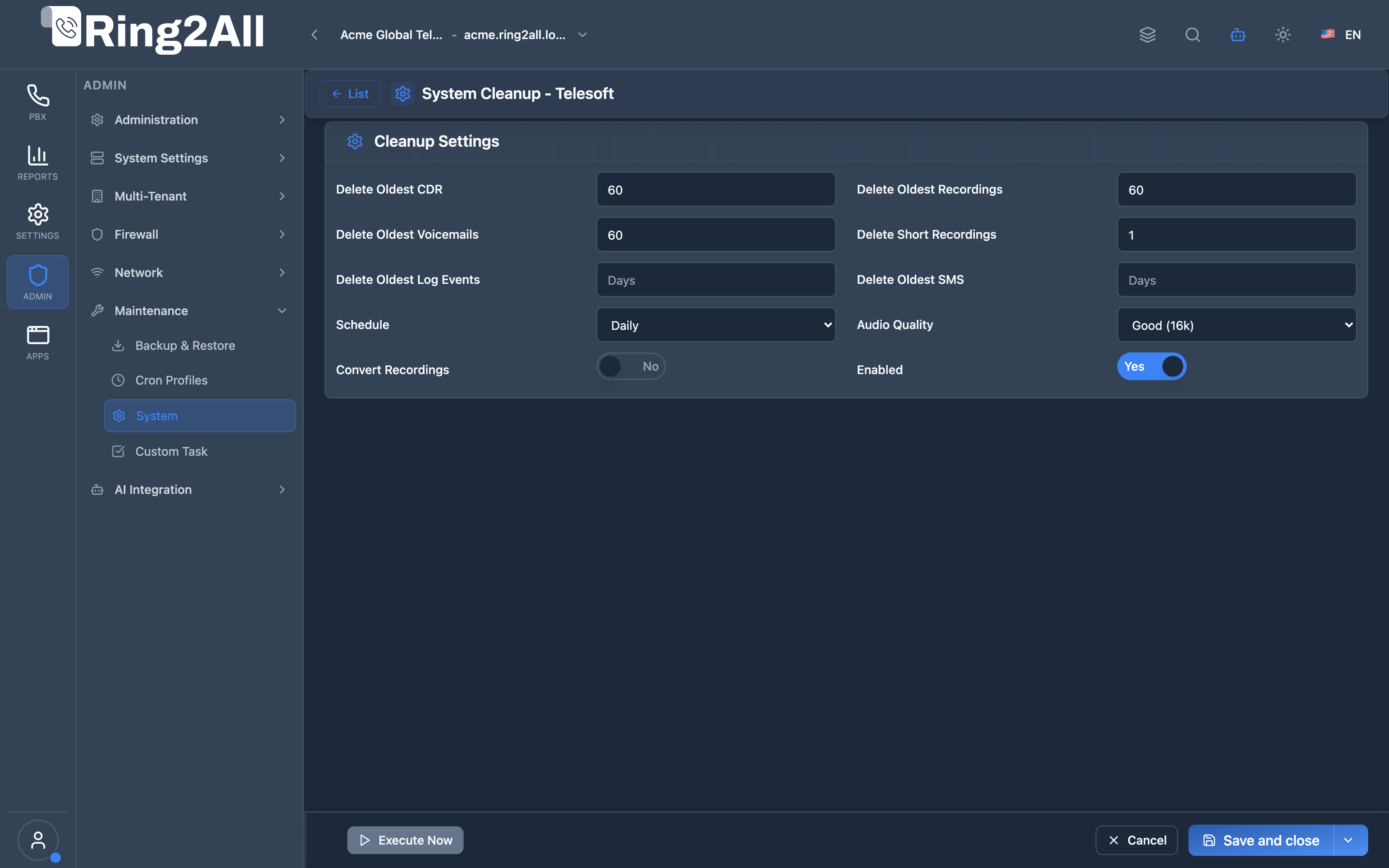 Tenant System Cleanup Parameters