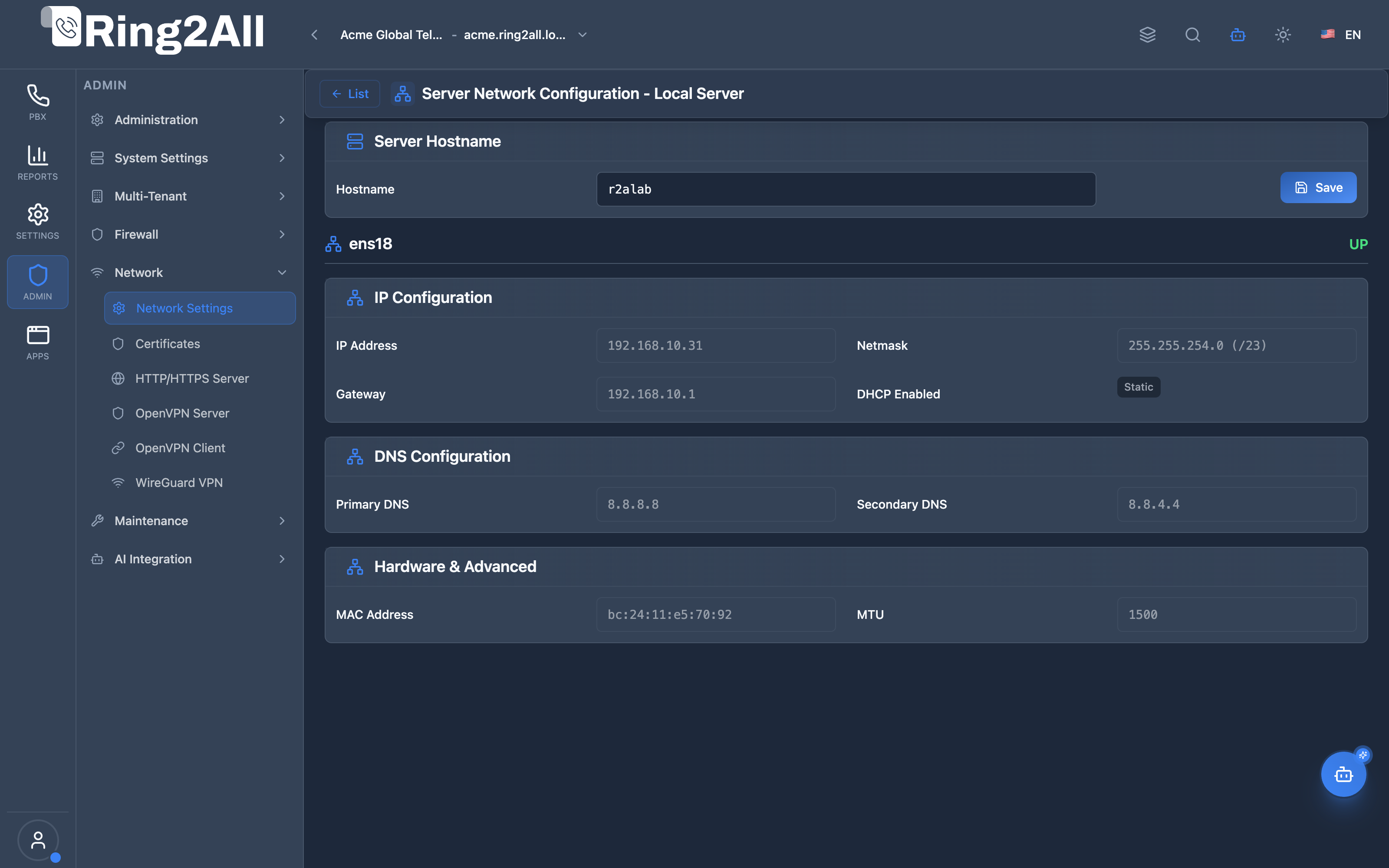 Network Settings Server Detail