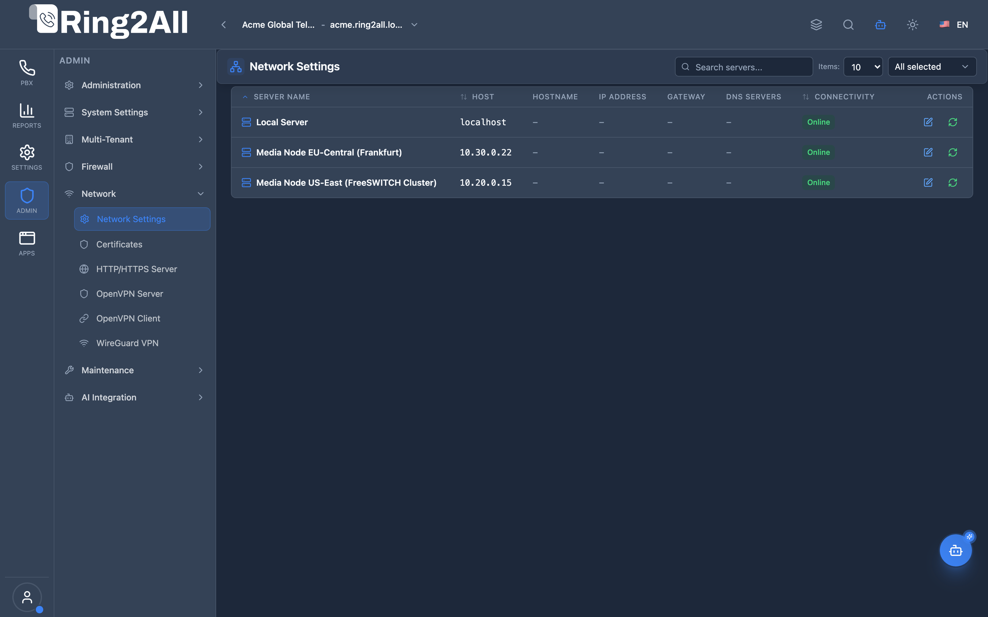 Network Settings Server List