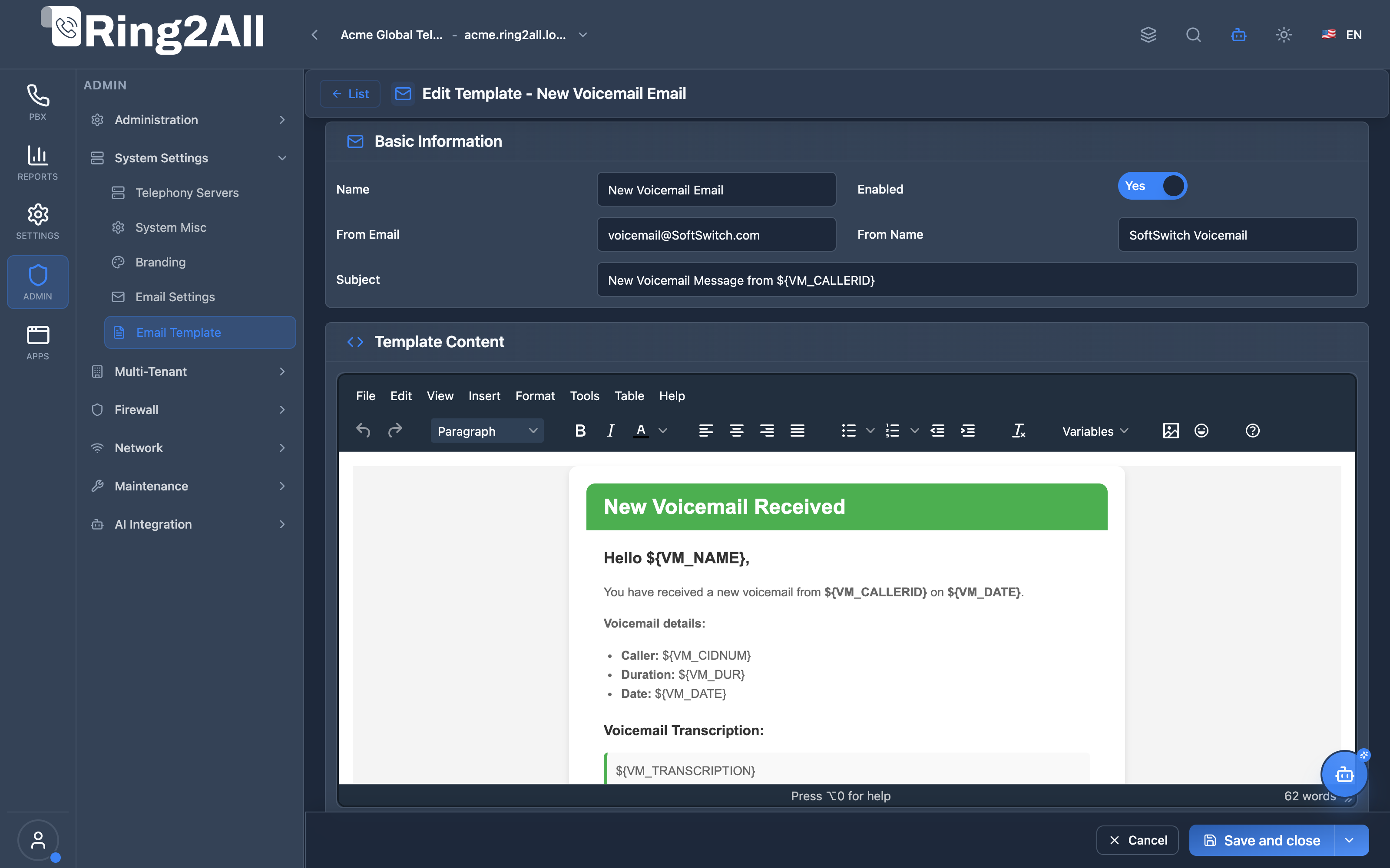 Email Template Configuration Form