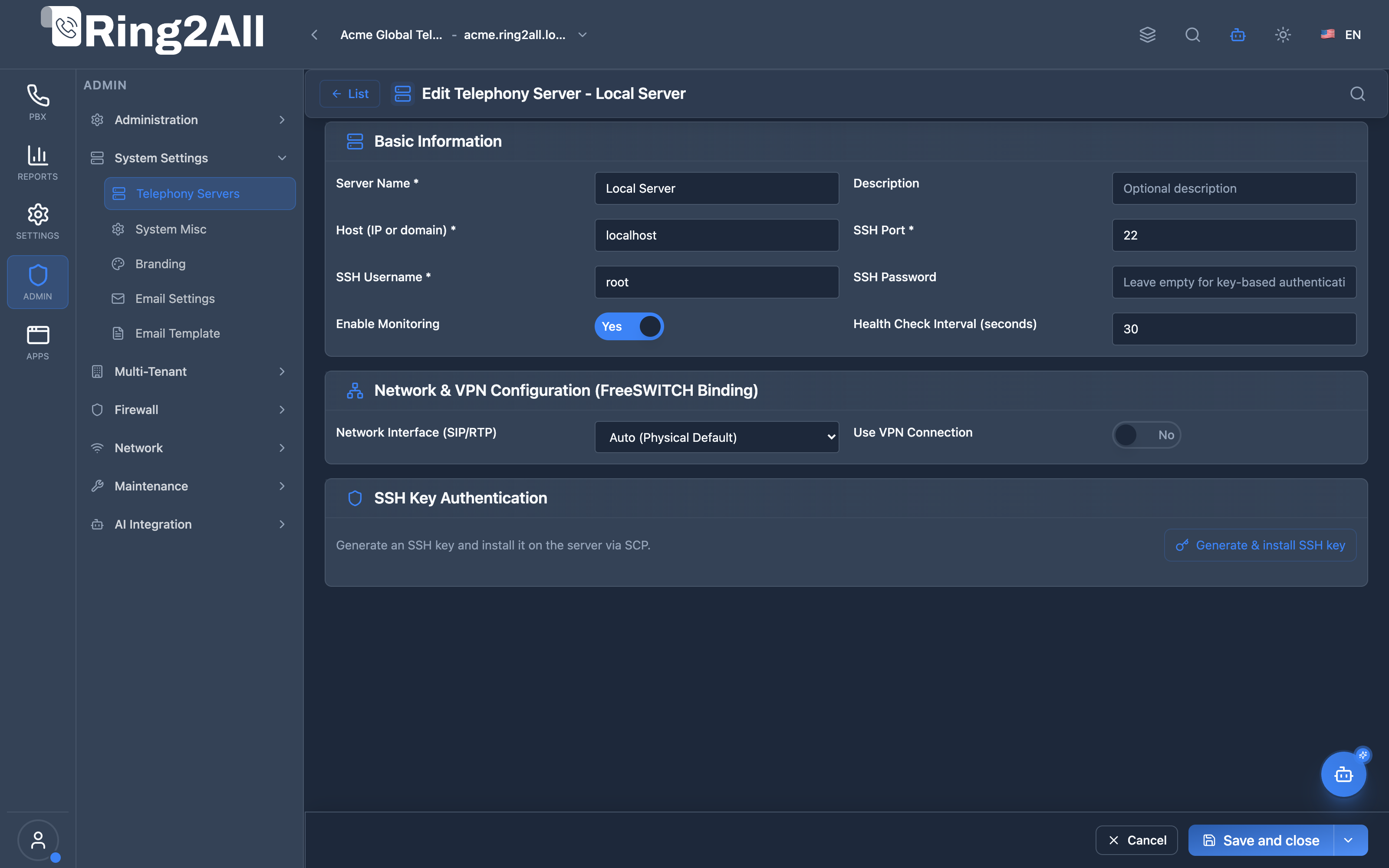 Telephony Server Configuration Form
