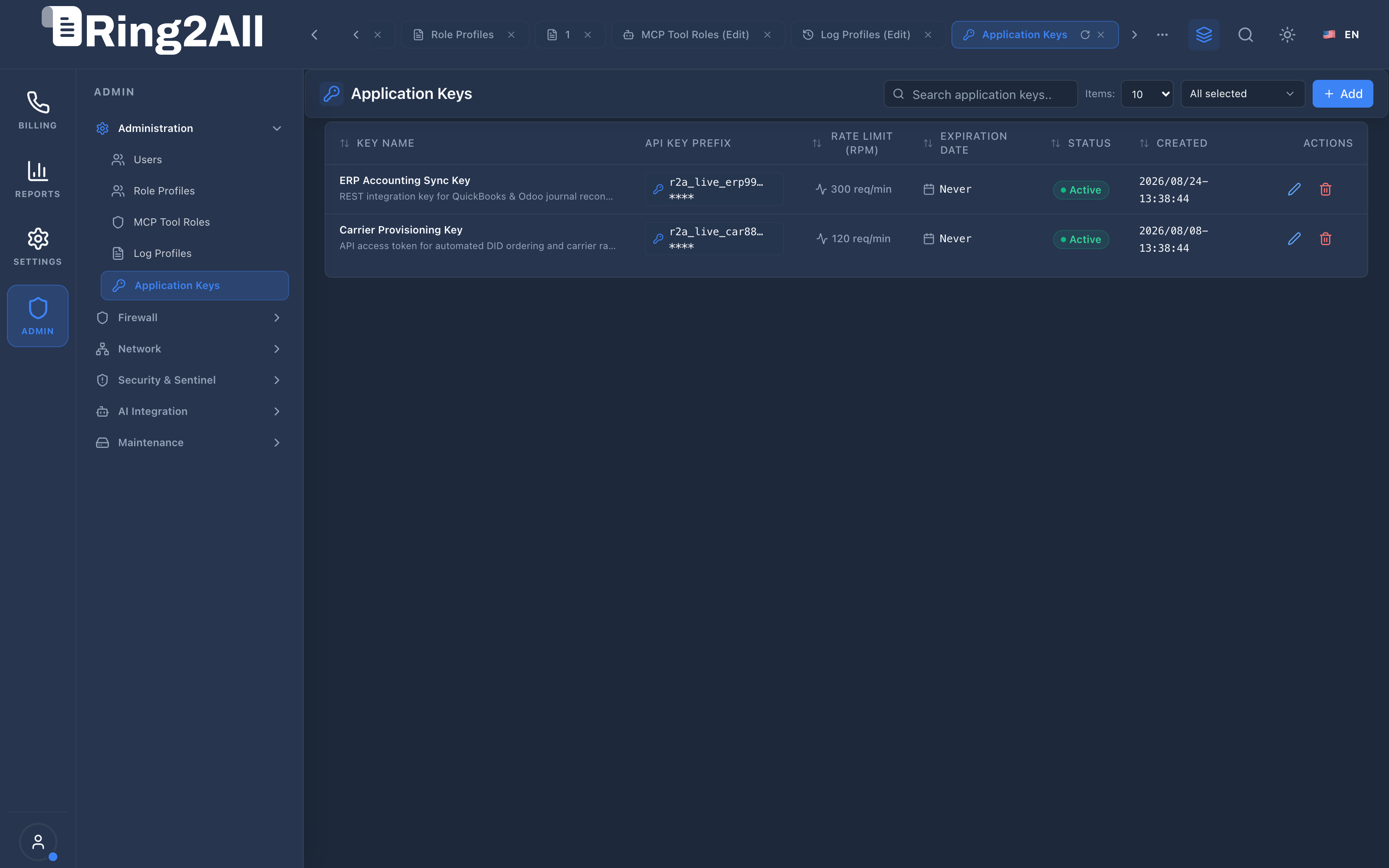 Application Keys List View