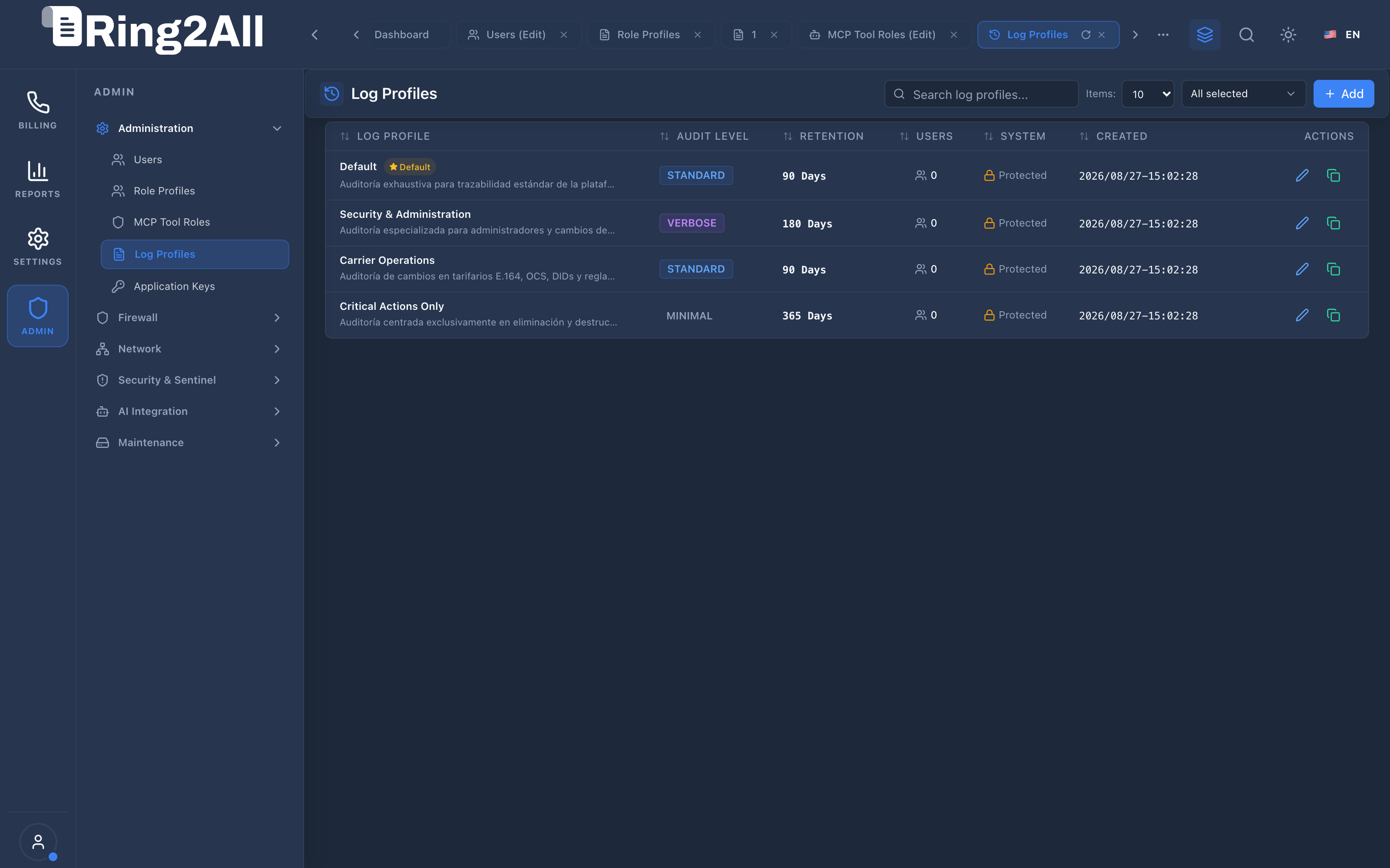 Log Profiles List View