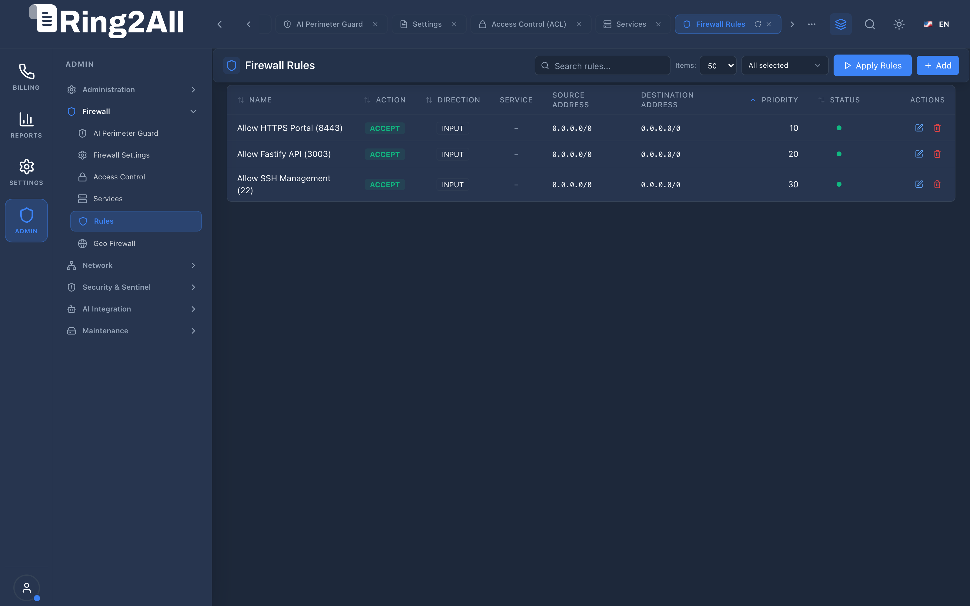 Firewall Rules List View