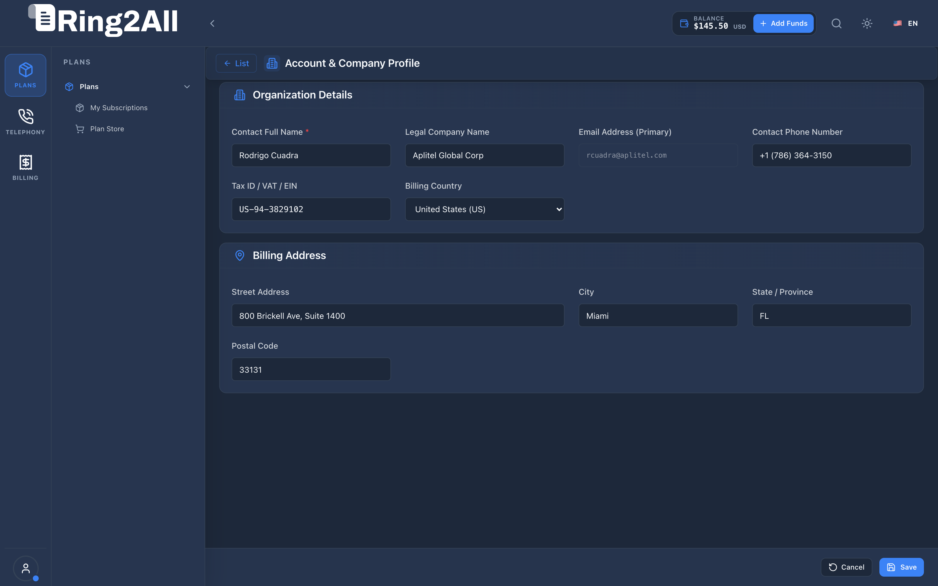 Account & Company Profile Settings