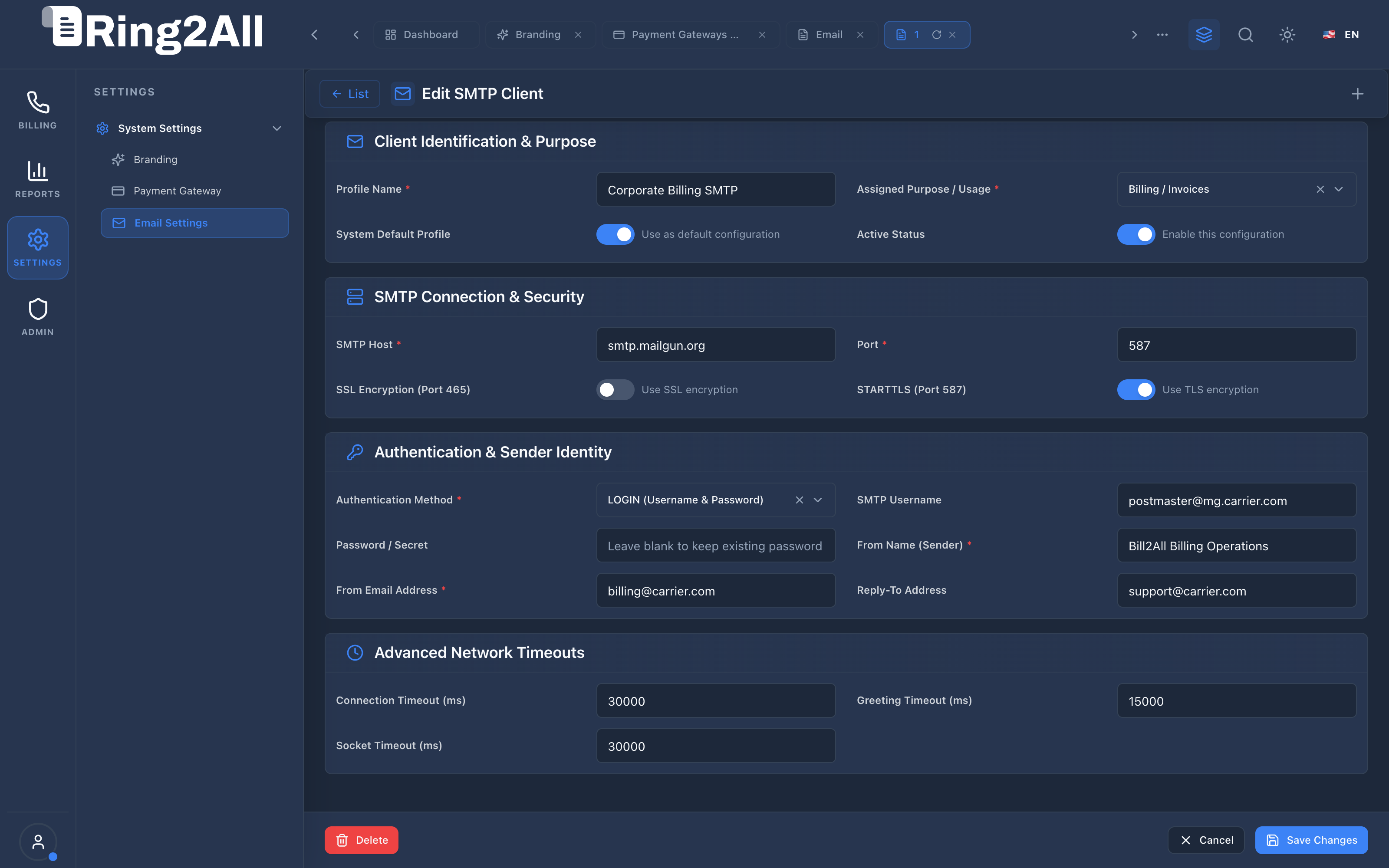 SMTP Server Configuration Form