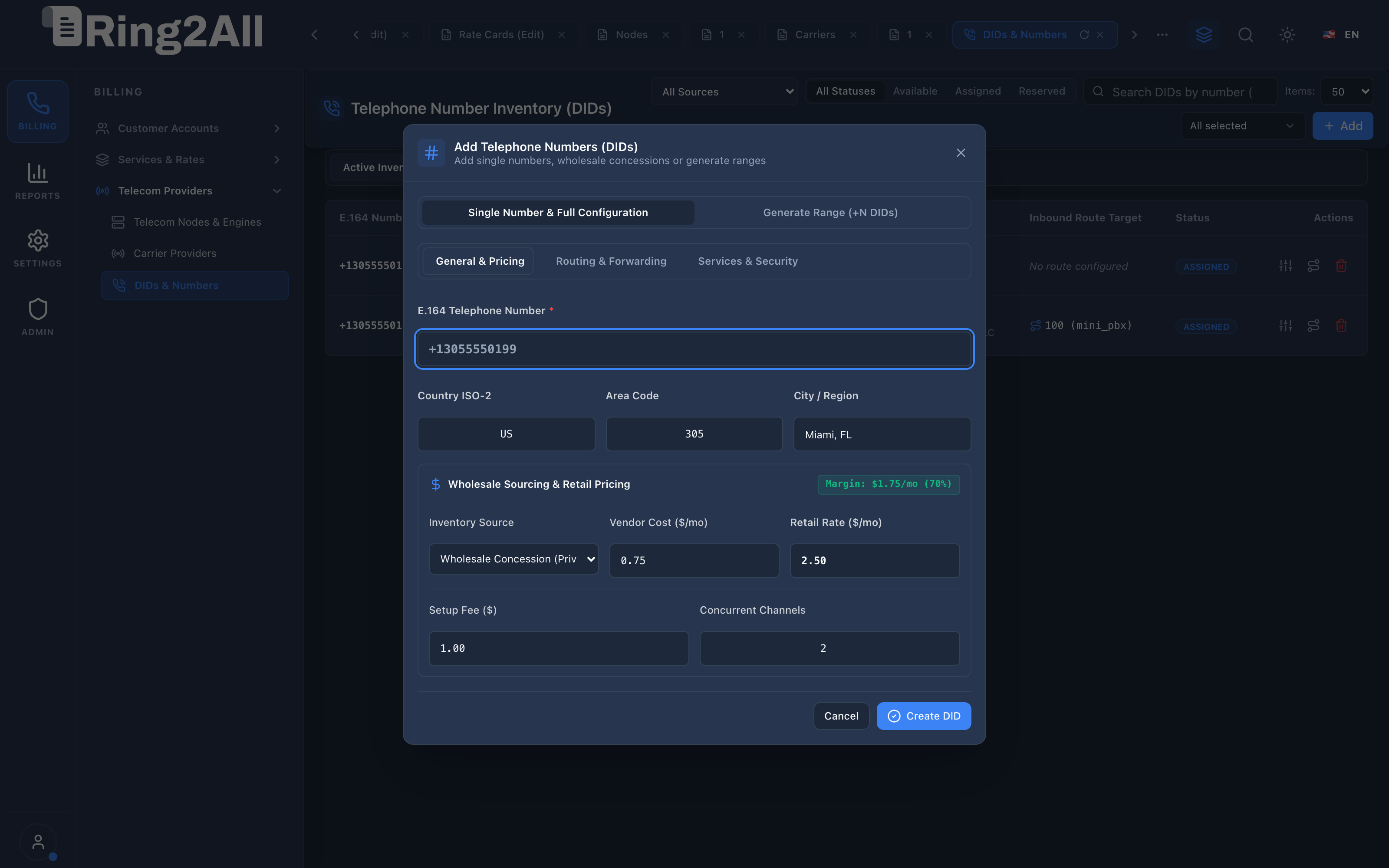 Telephone Number Configuration Modal