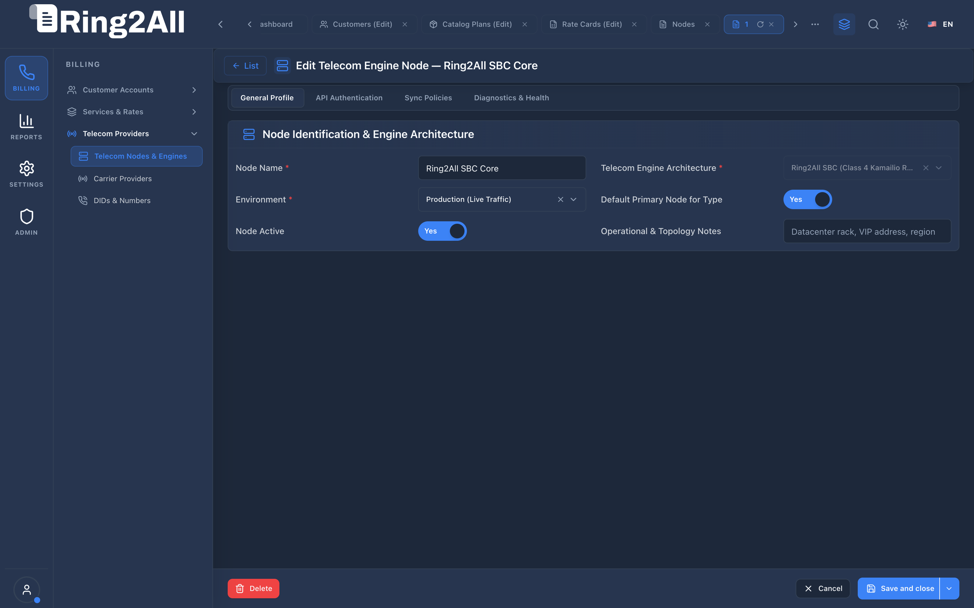 Telecom Engine Configuration Form