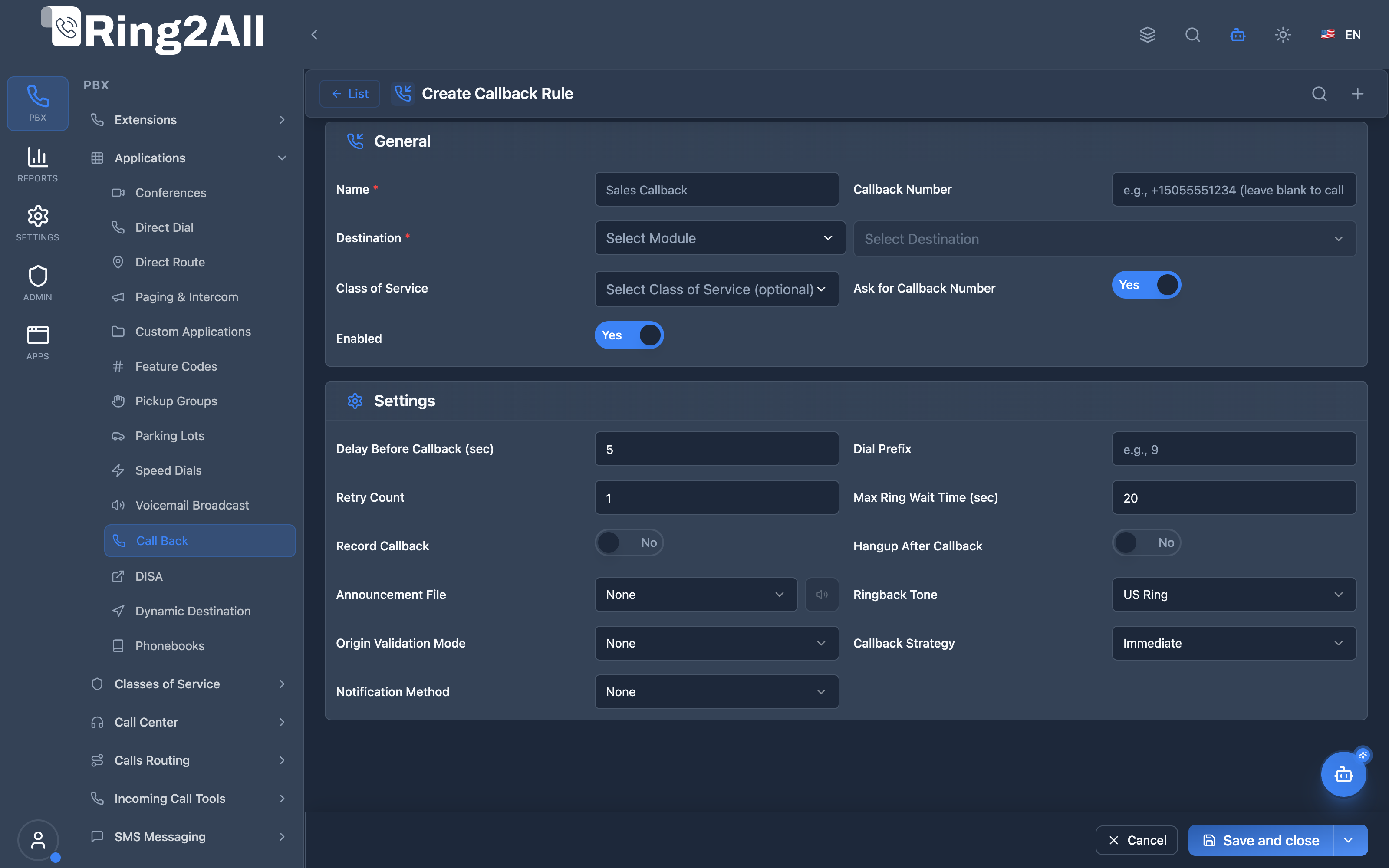 Callback Rule Configuration Form