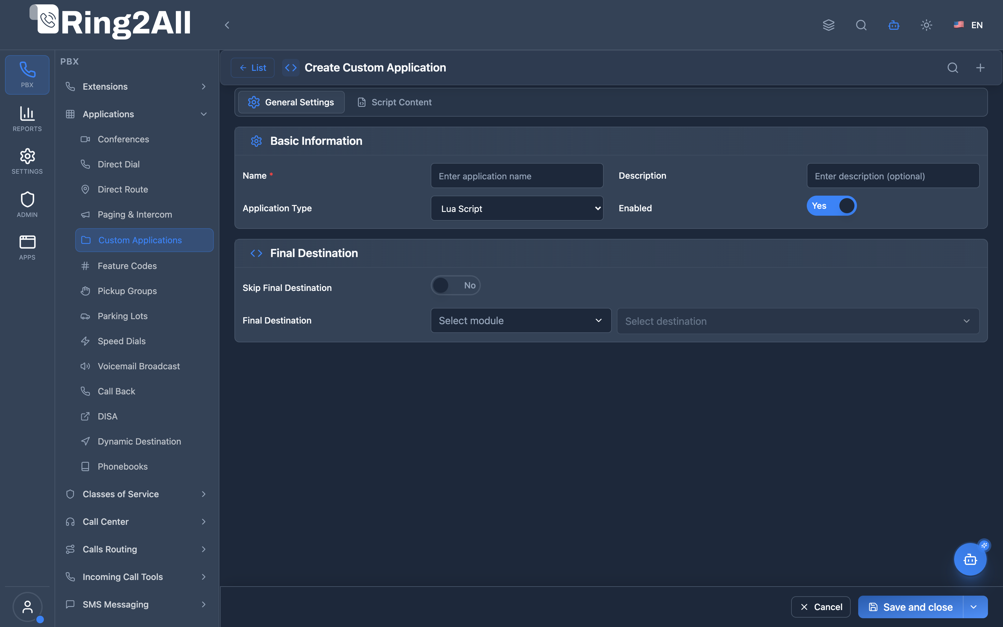 Custom Applications Configuration Form