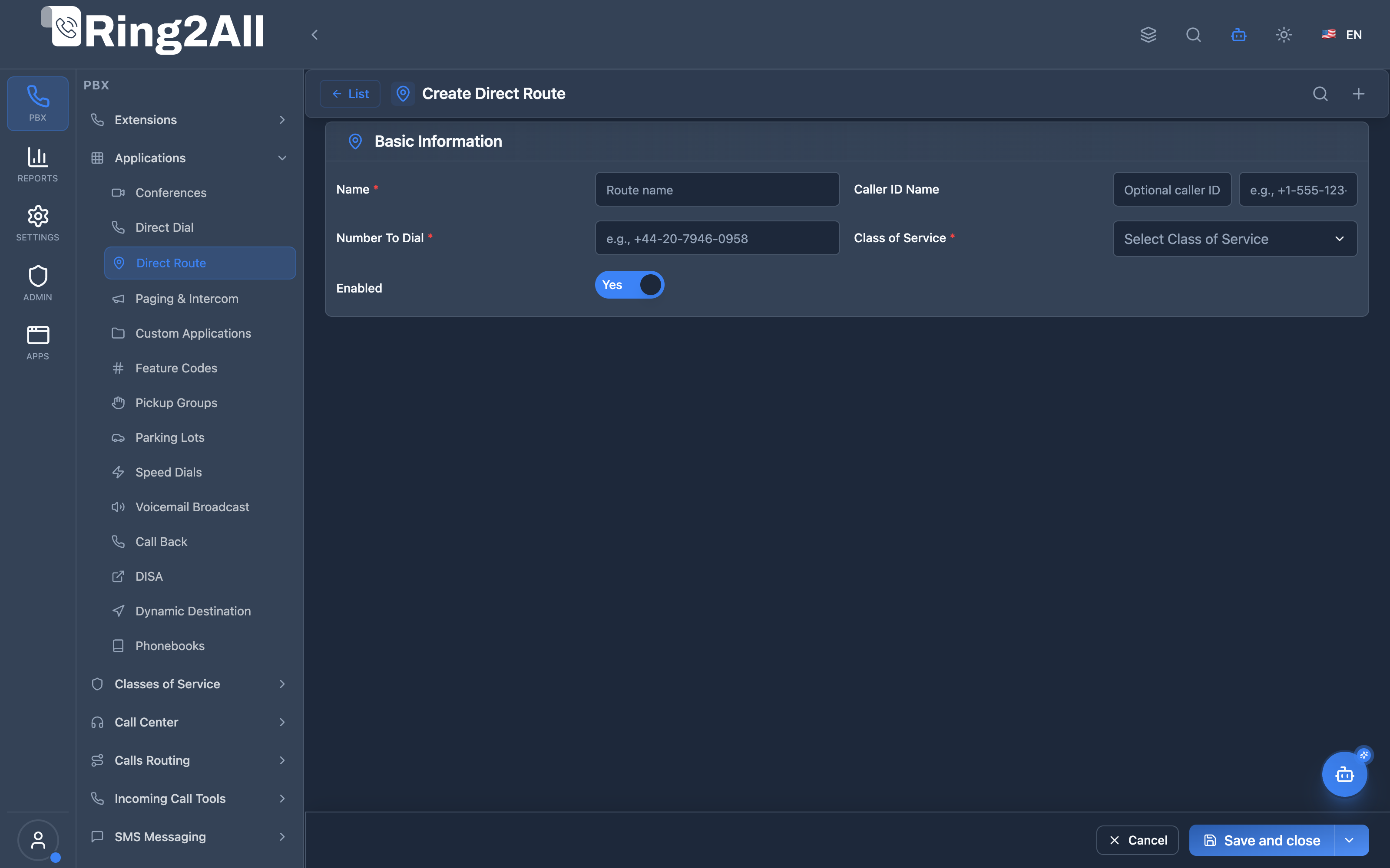 Direct Route Configuration Form