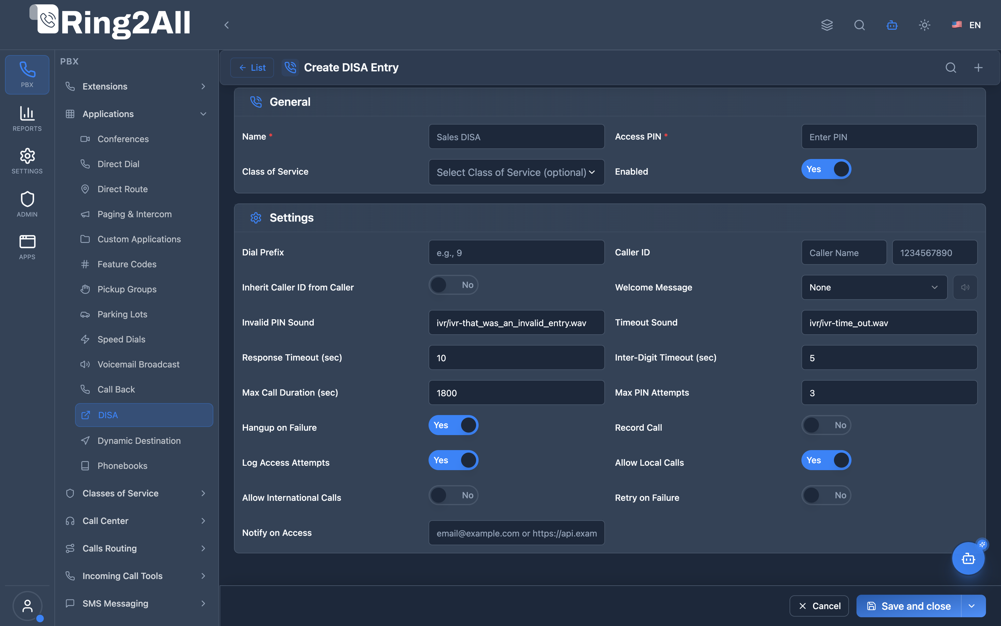 DISA Entry Configuration Form