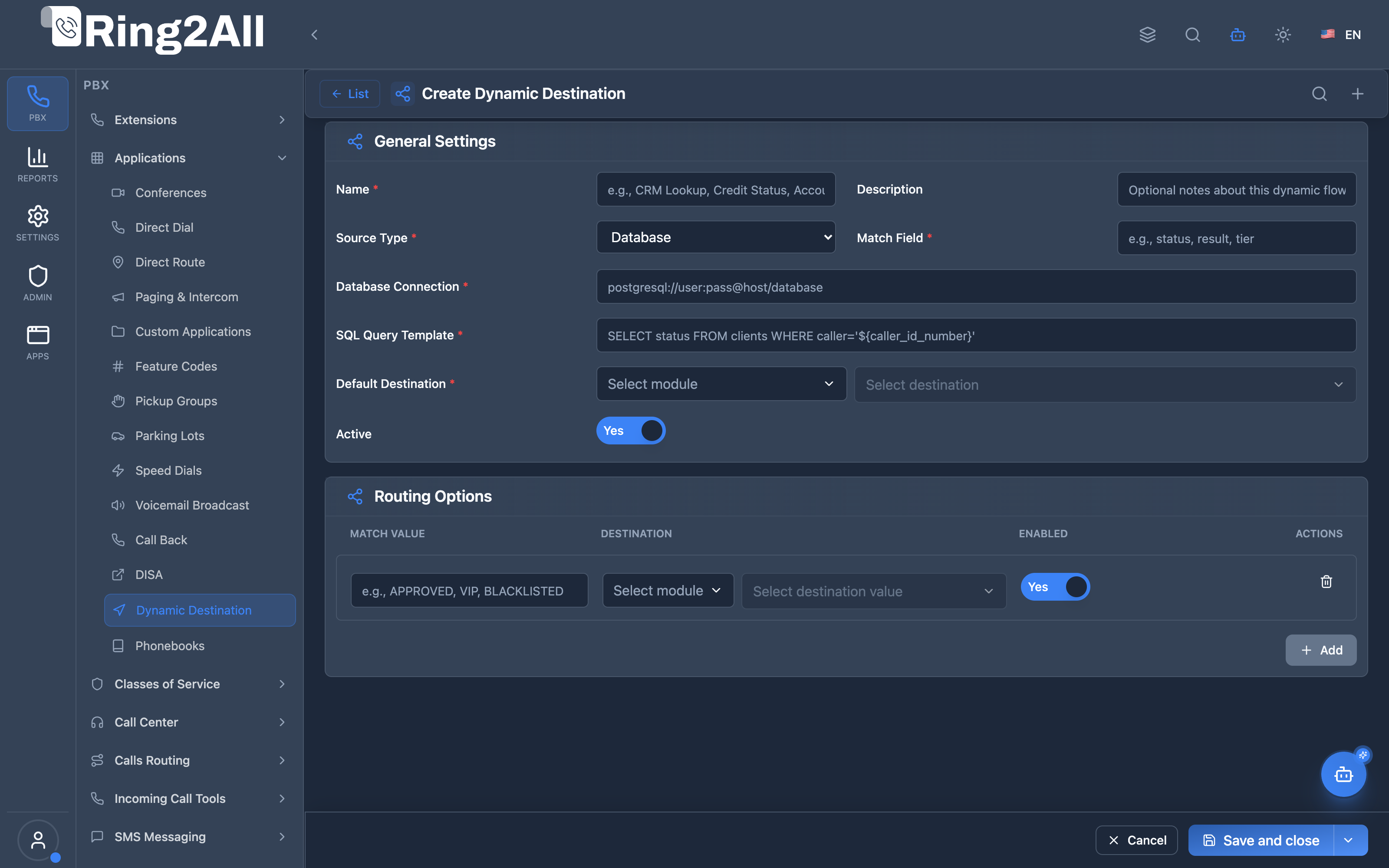 Dynamic Destination Configuration Form