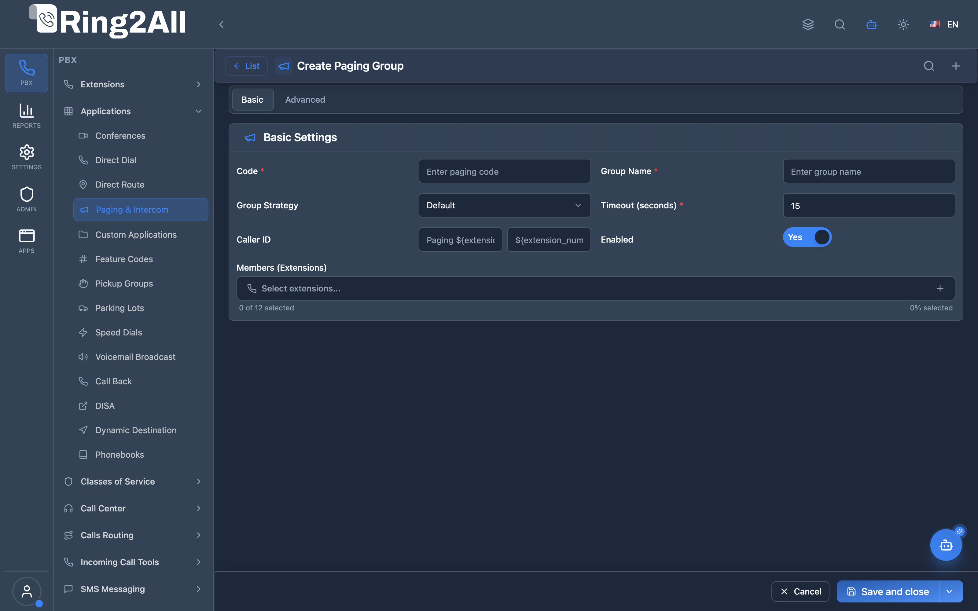 Paging & Intercom Configuration Form
