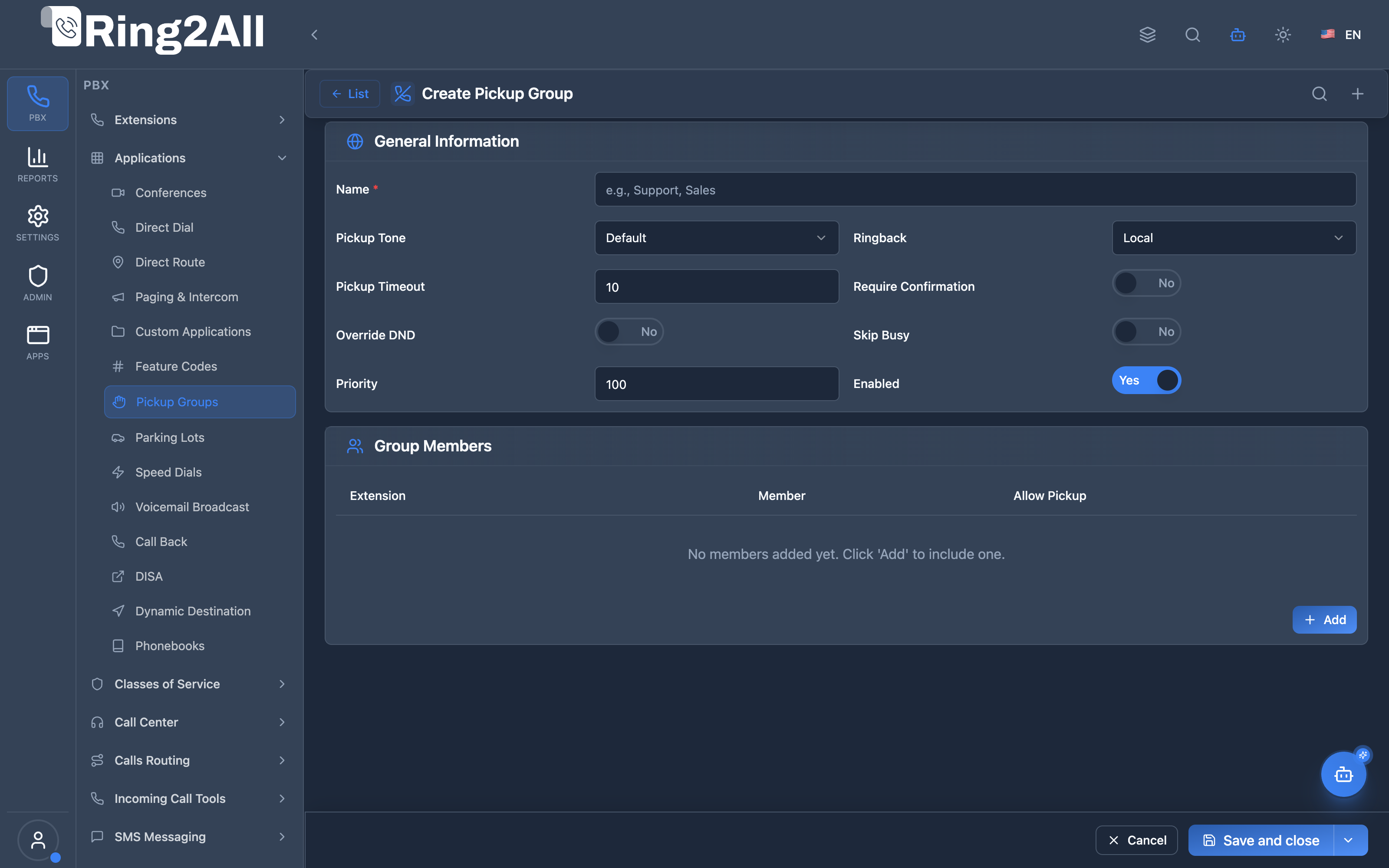 Pickup Group Configuration Form