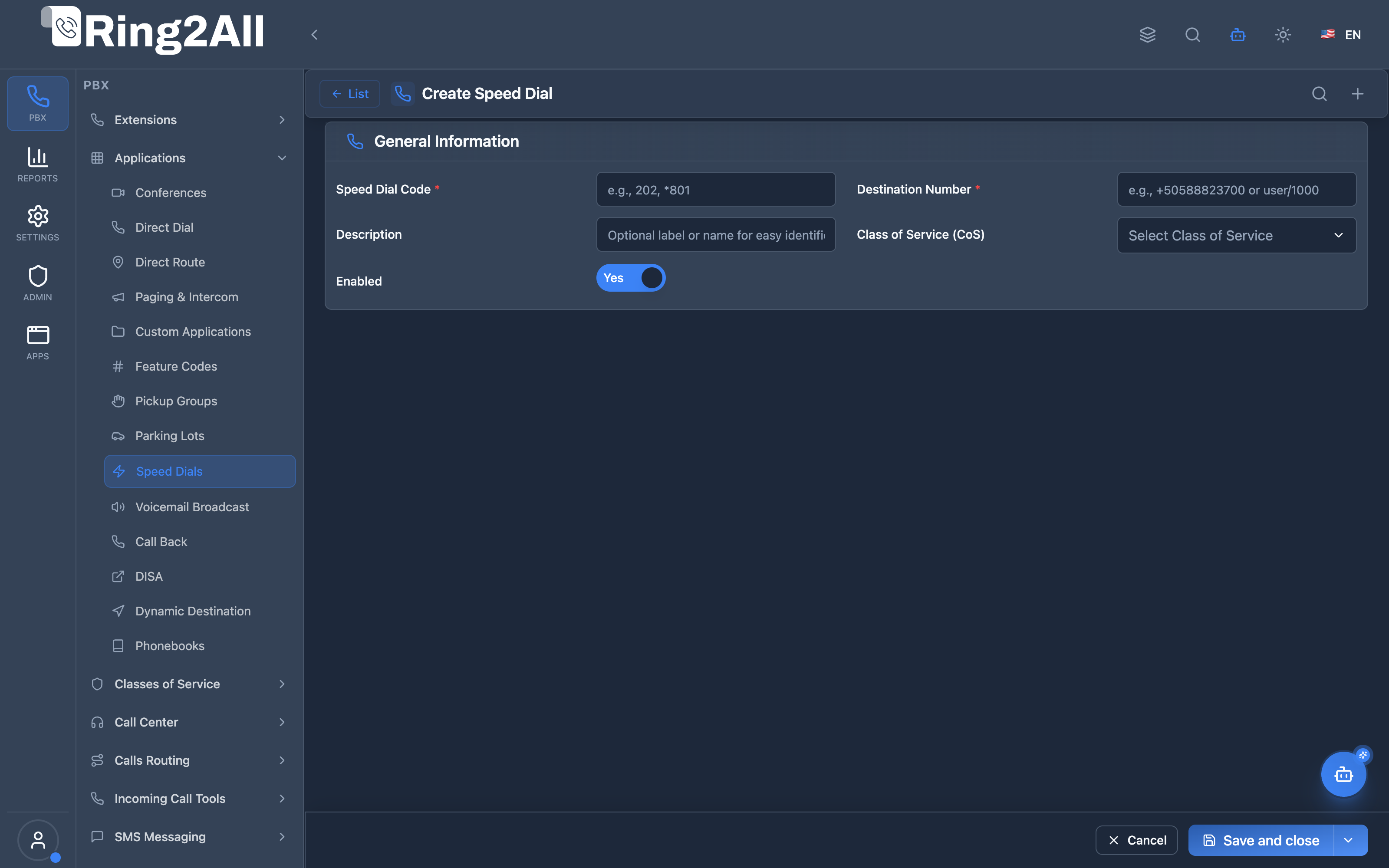 Speed Dial Configuration Form