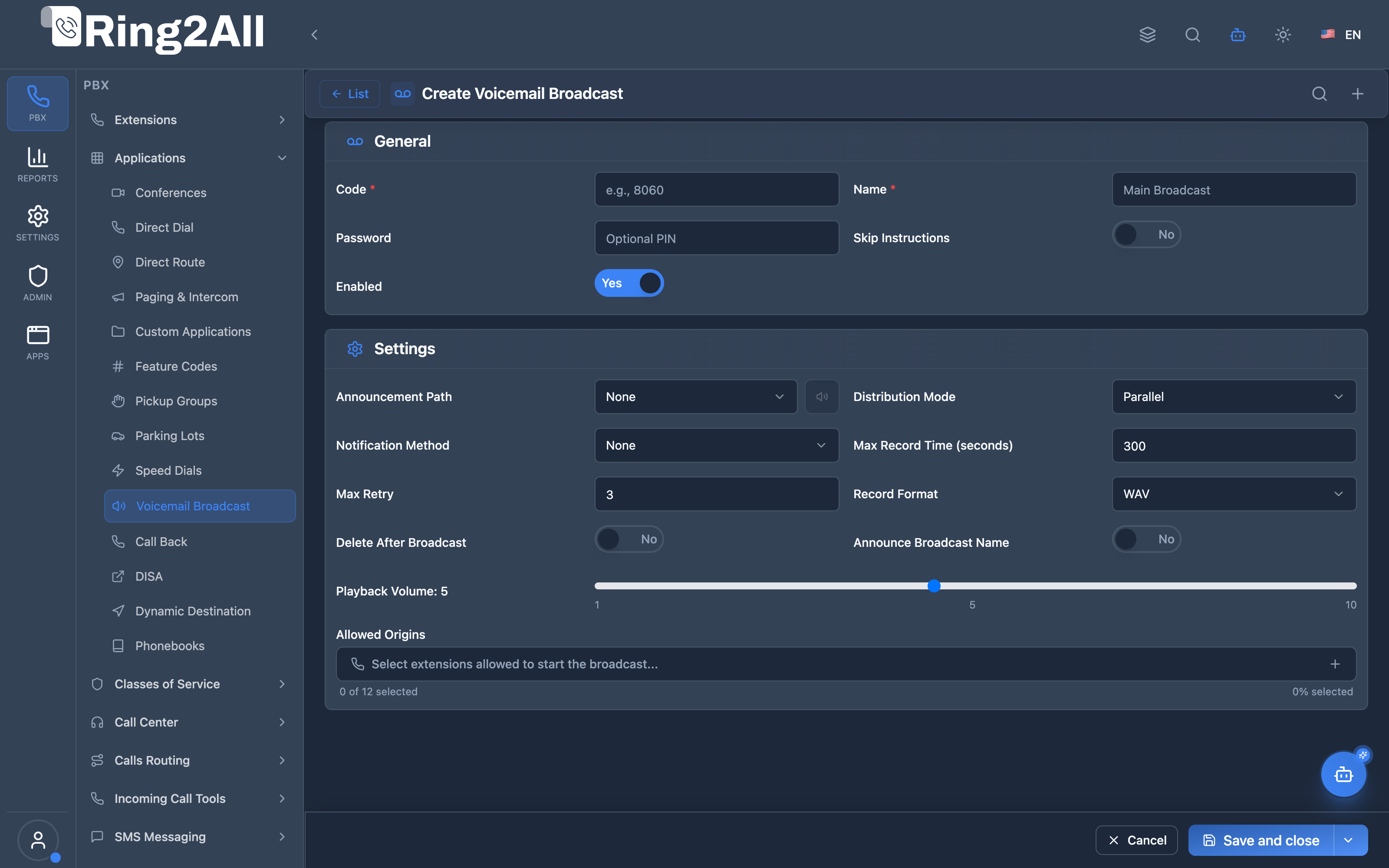 Voicemail Broadcast Configuration Form