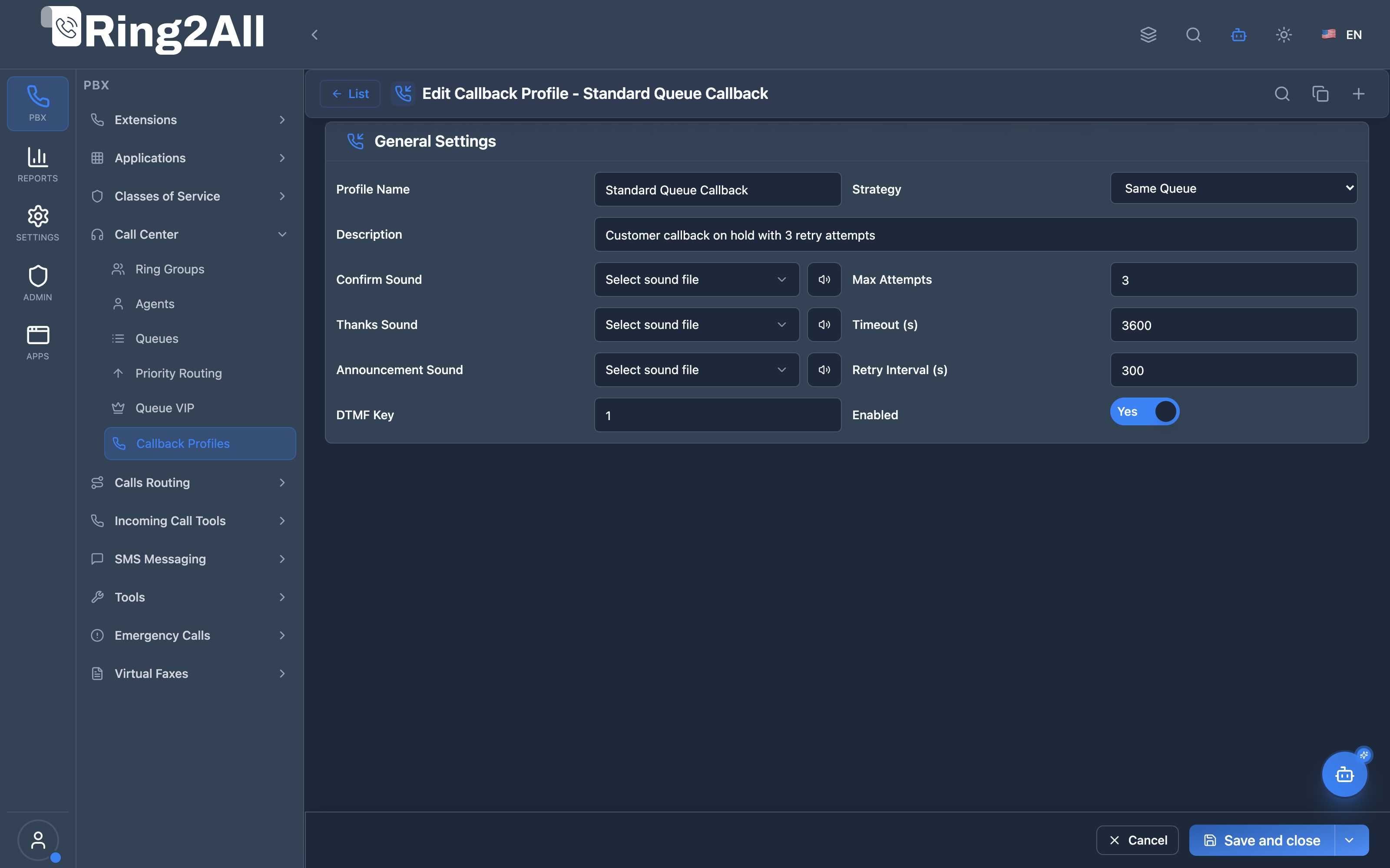 Callback Profile Configuration Form