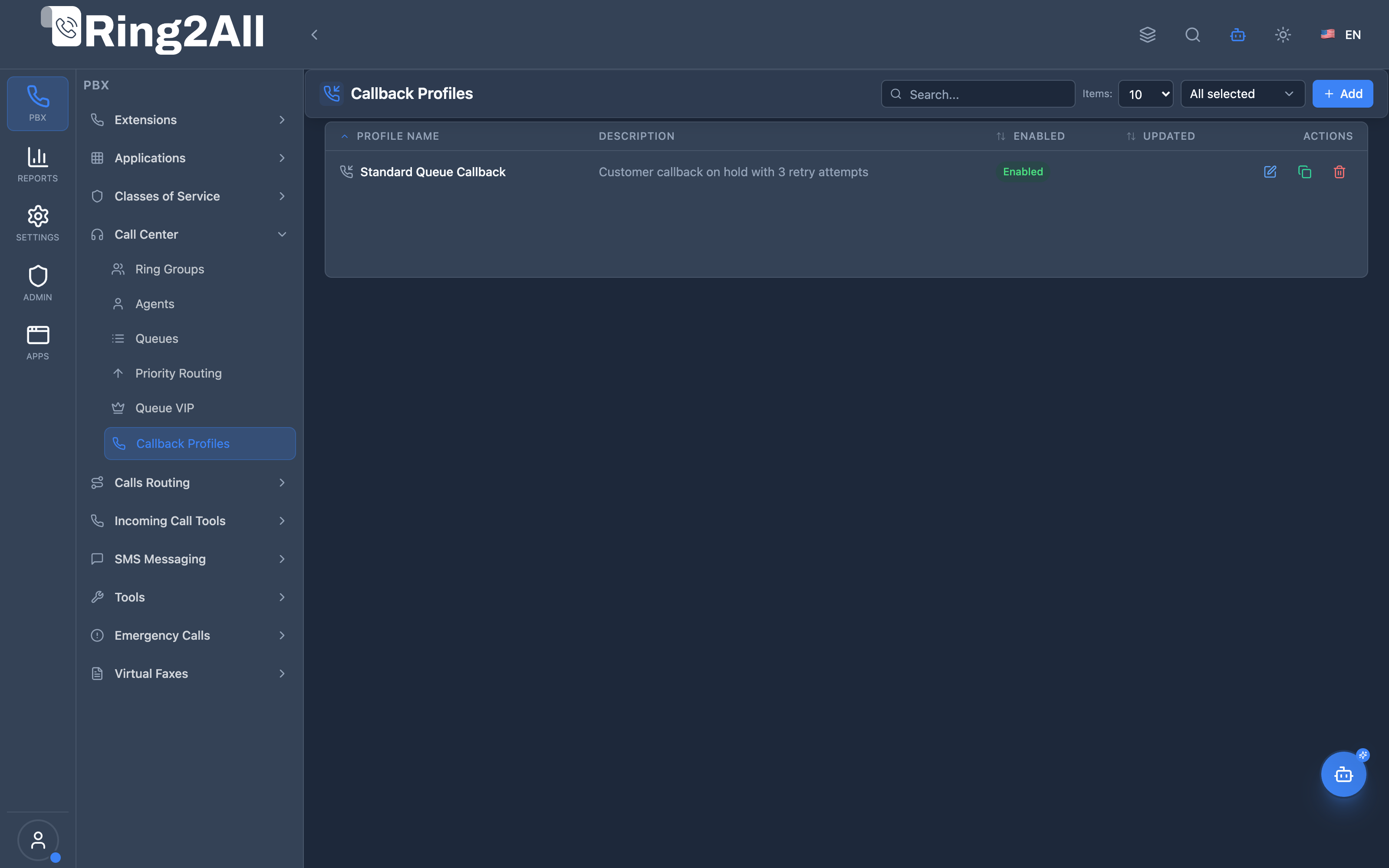 Callback Profiles List View