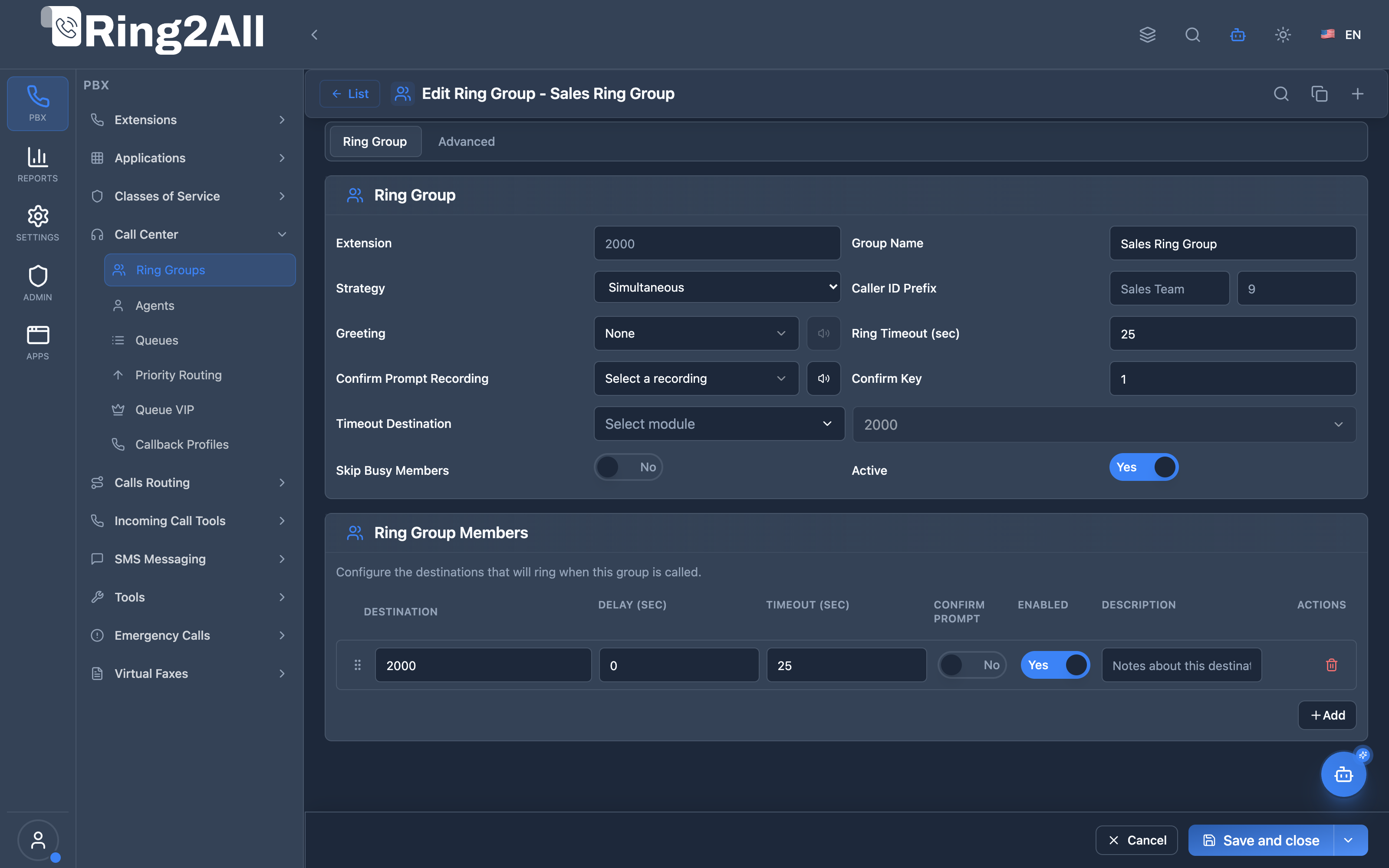 Ring Group Configuration Form