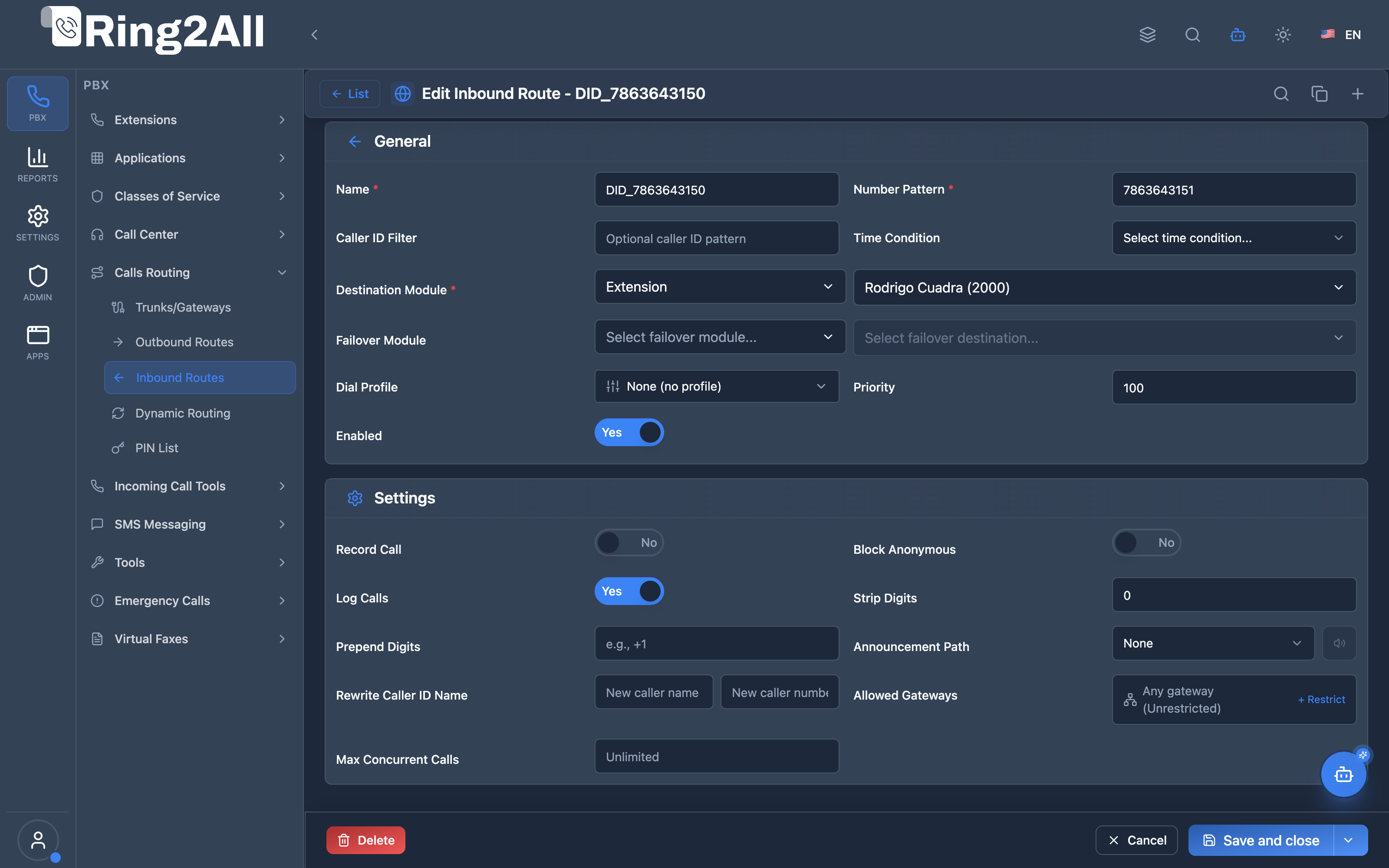 Inbound Route Configuration Form