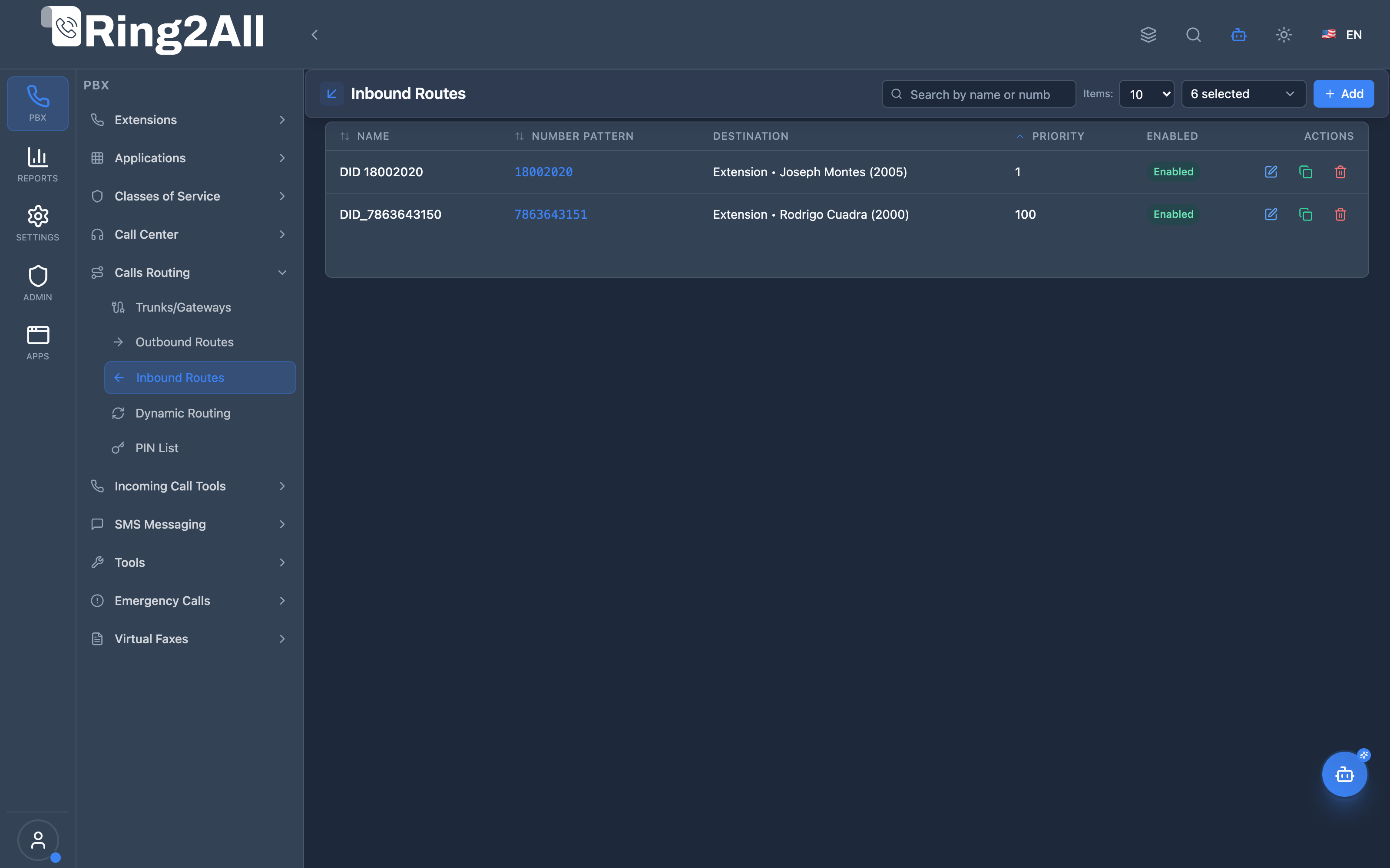 Inbound Routes List View