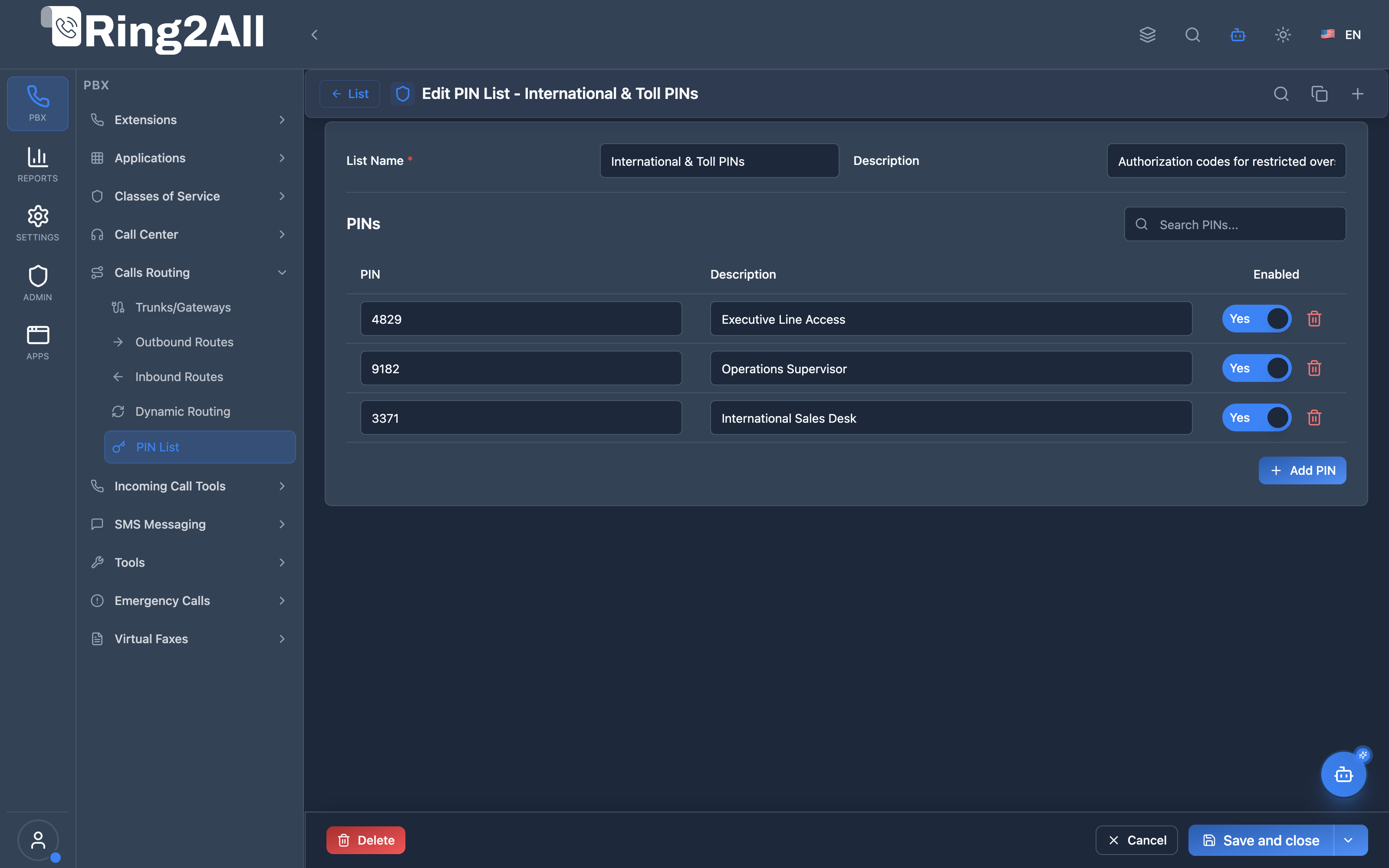 PIN List Configuration Form