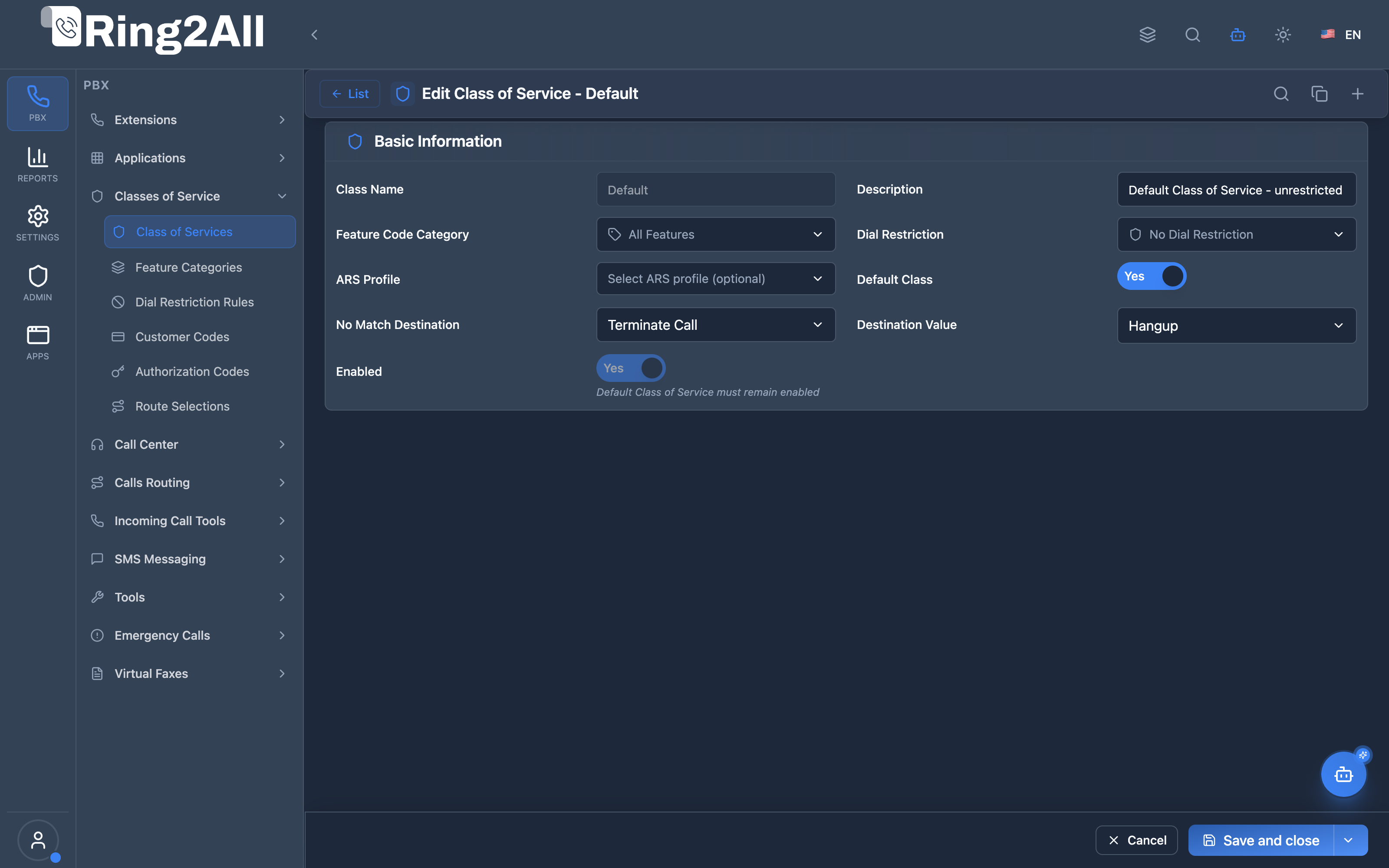 Class of Service Configuration Form