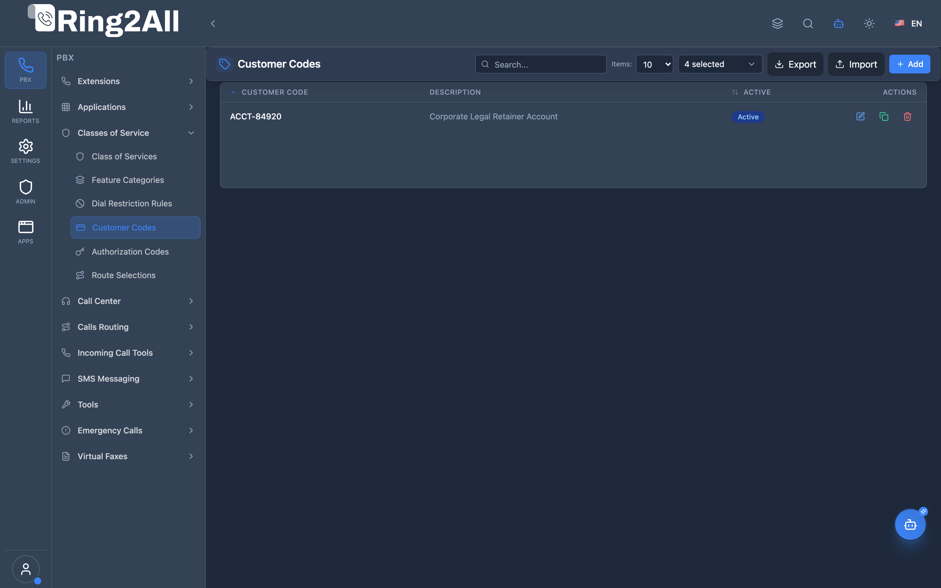 Customer Codes List View