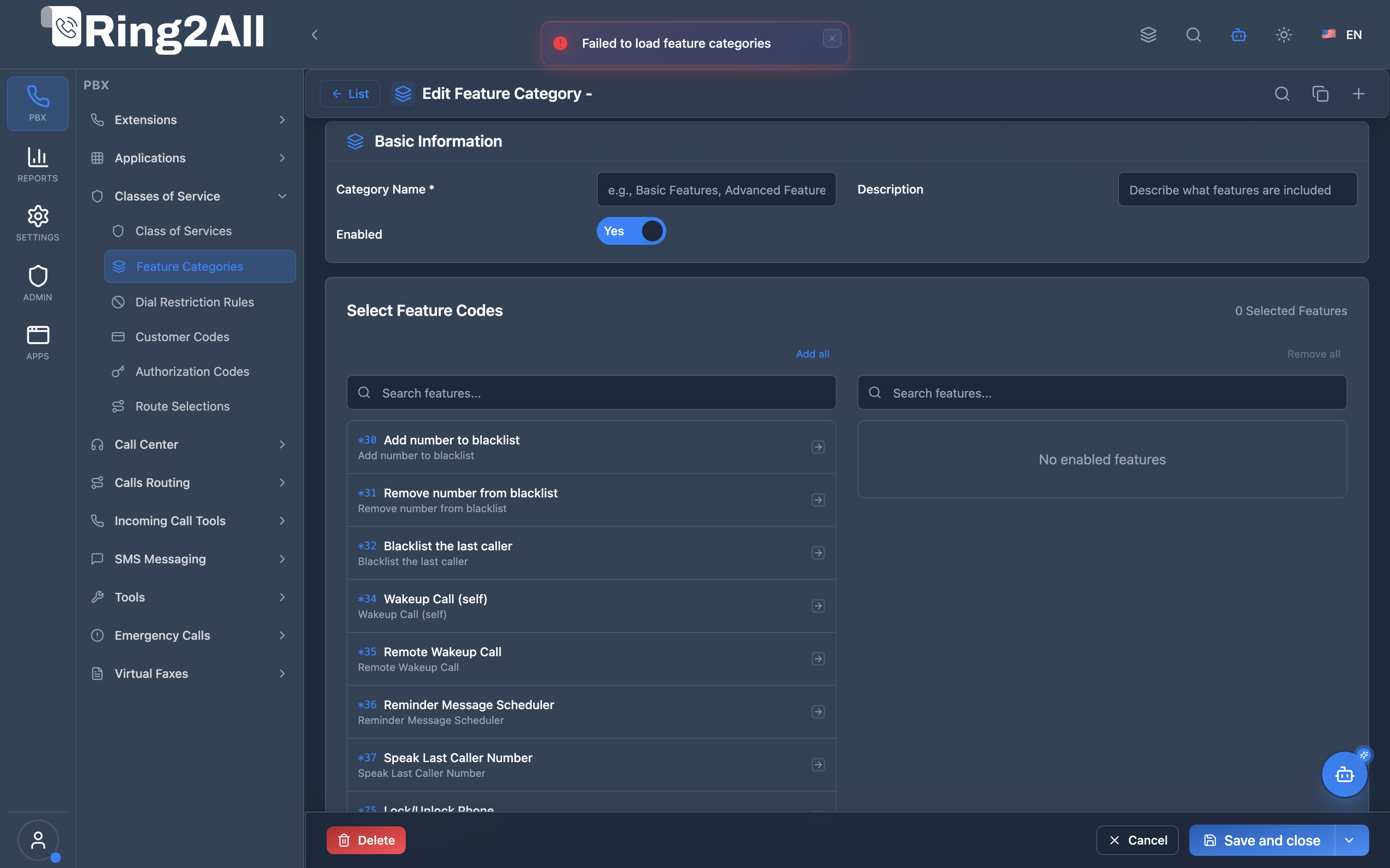 Feature Category Configuration Form