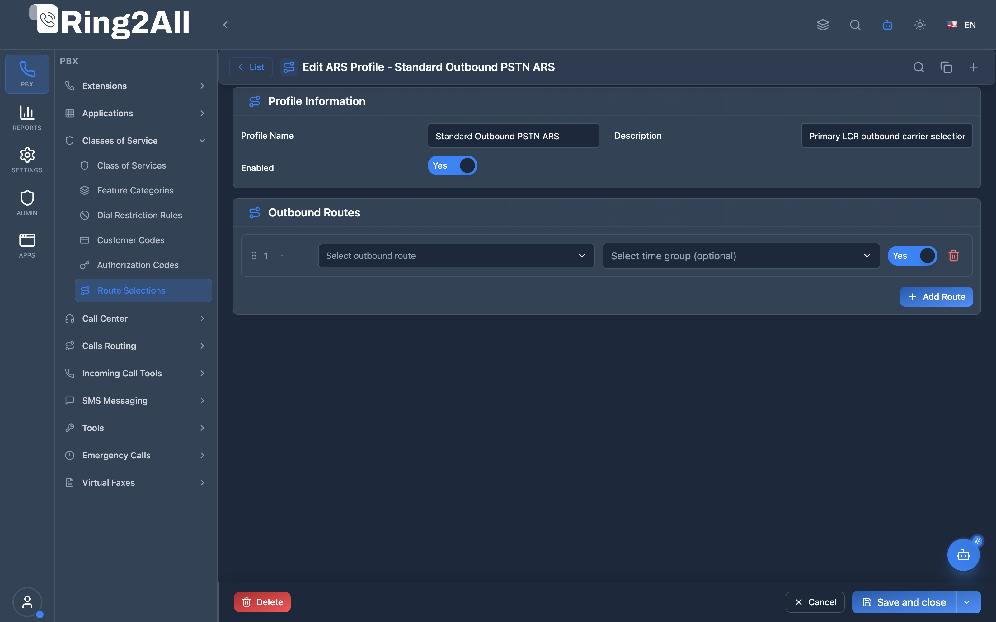 Route Selection (ARS) Configuration Form