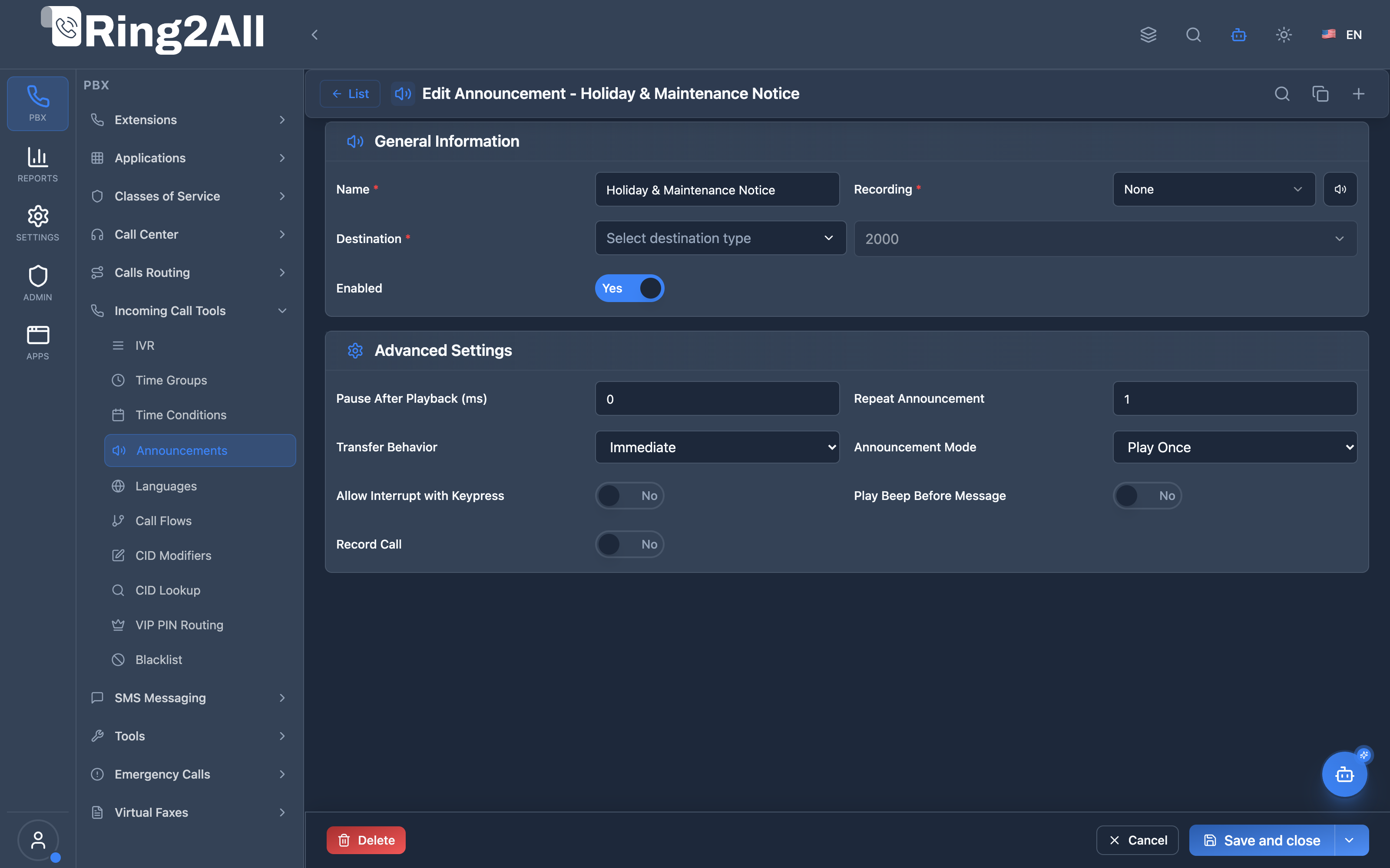 Announcement Configuration Form