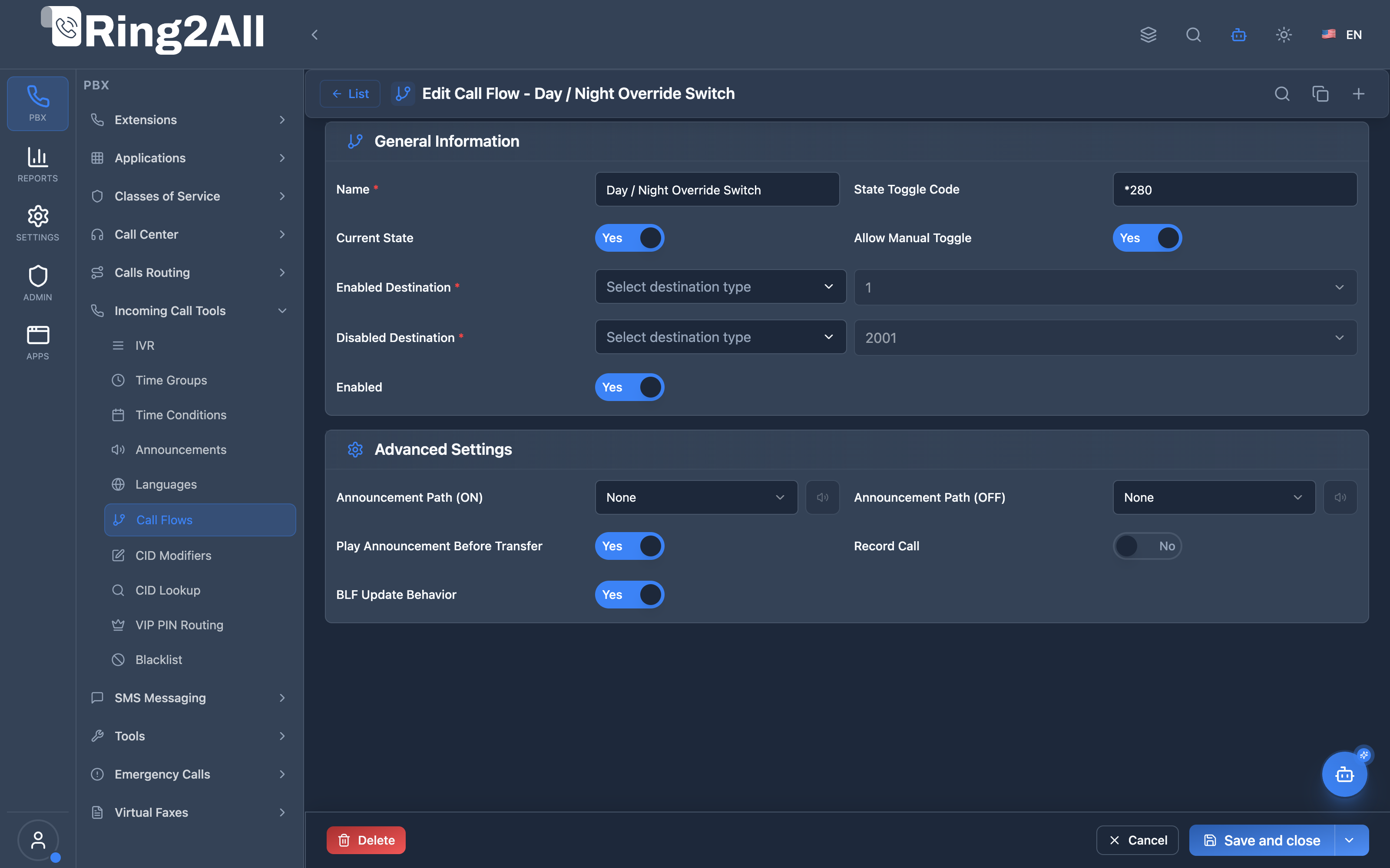 Call Flow Configuration Form