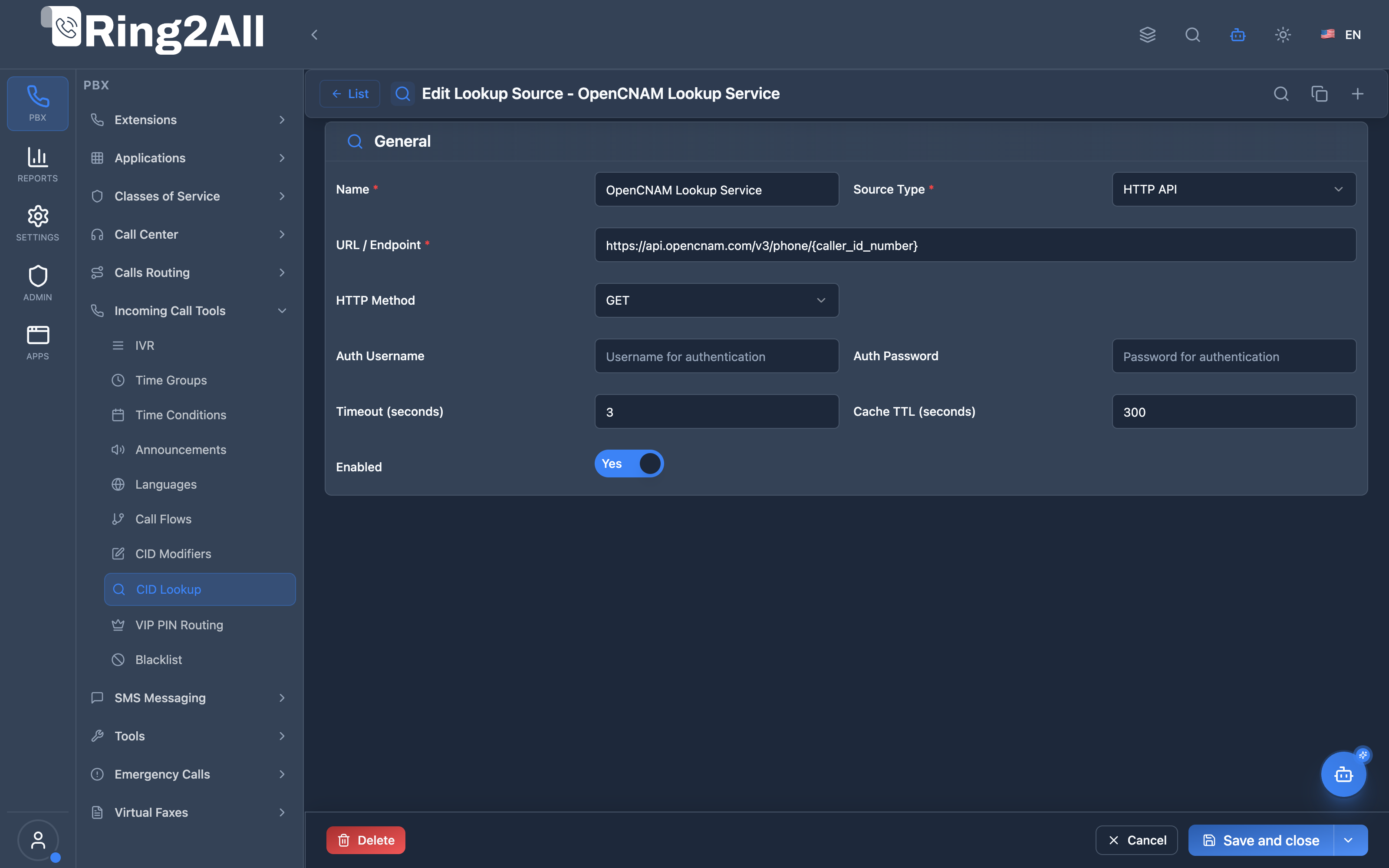 Caller ID Lookup Source Configuration Form