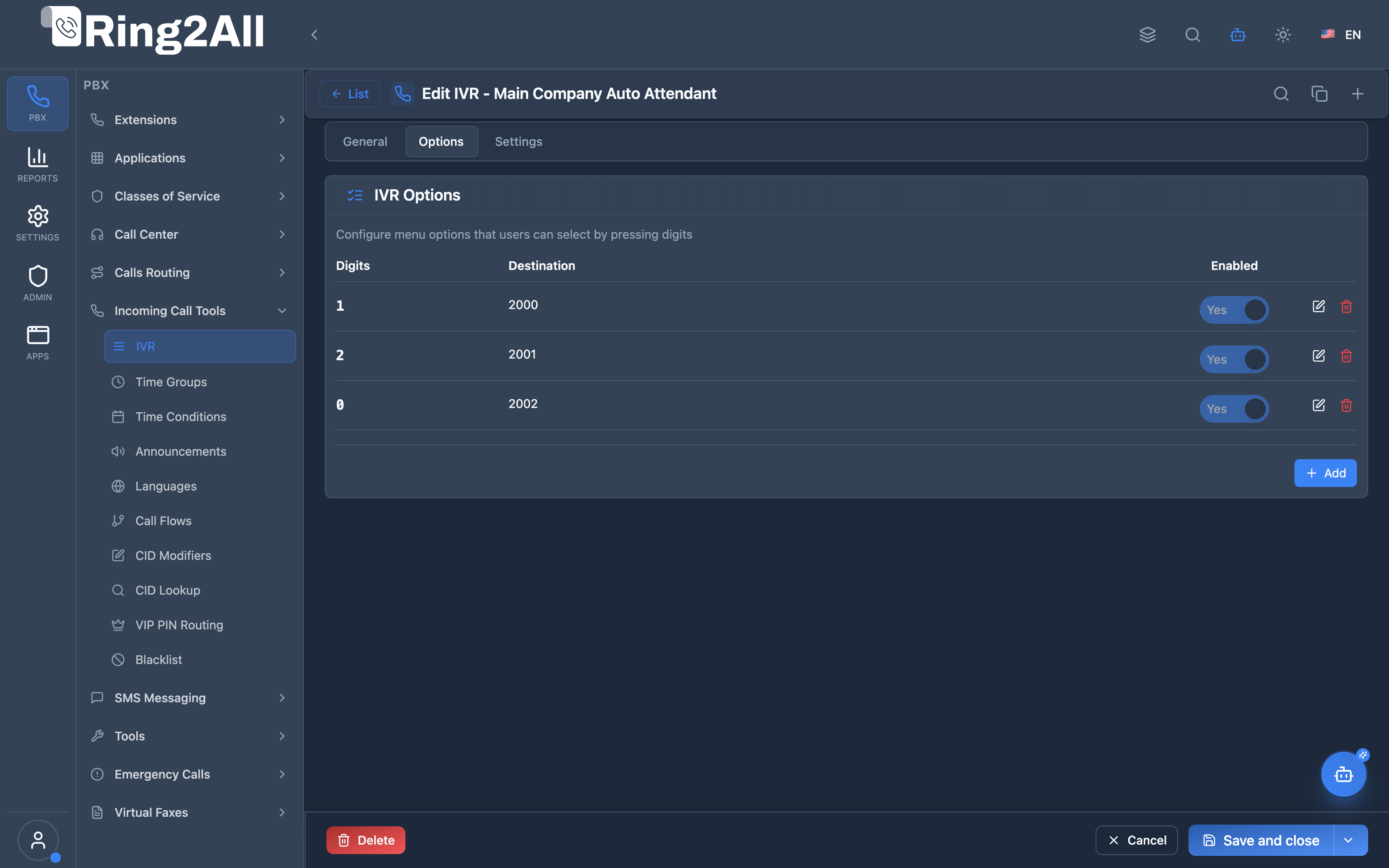 IVR Options Tab