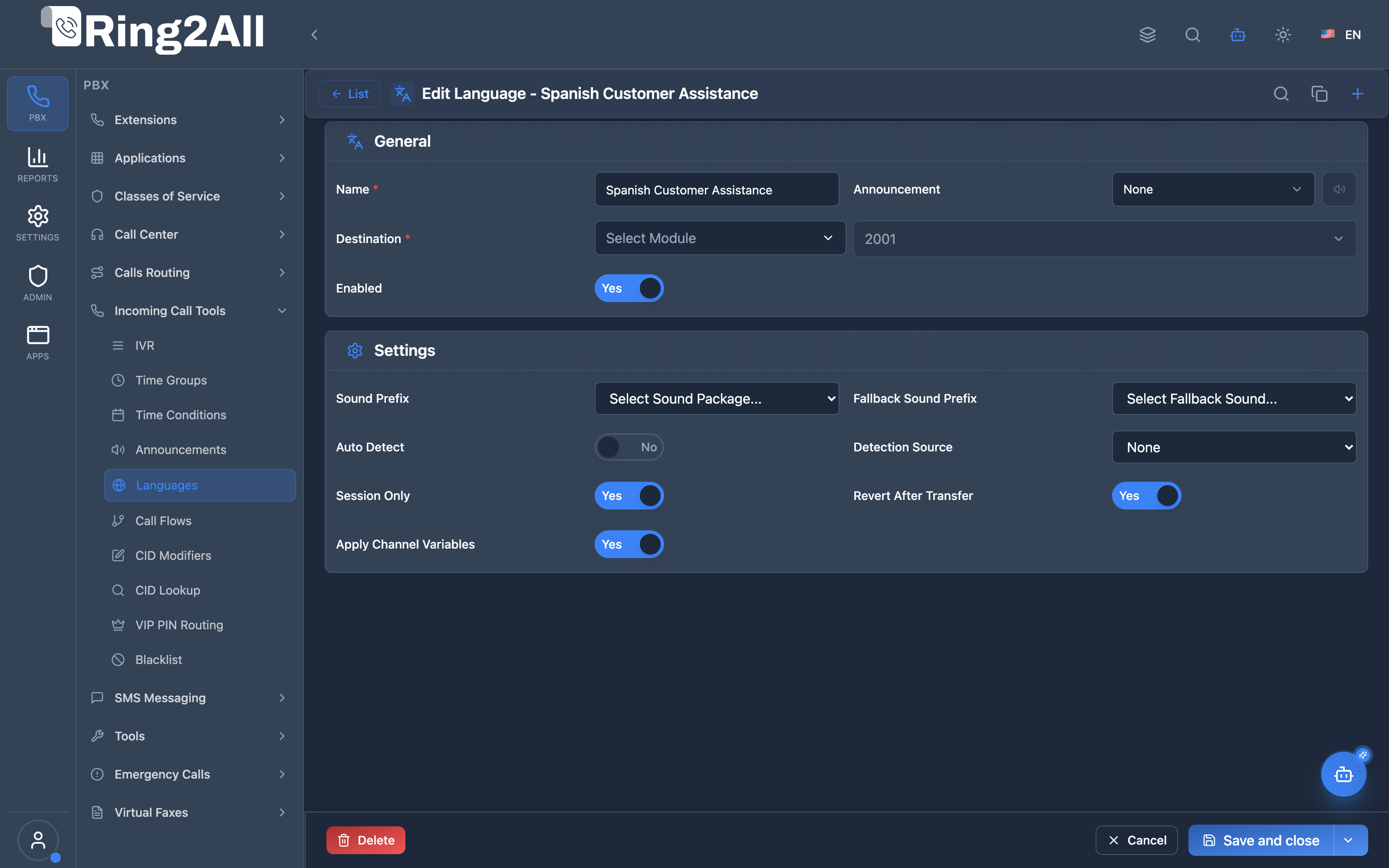 Language Configuration Form