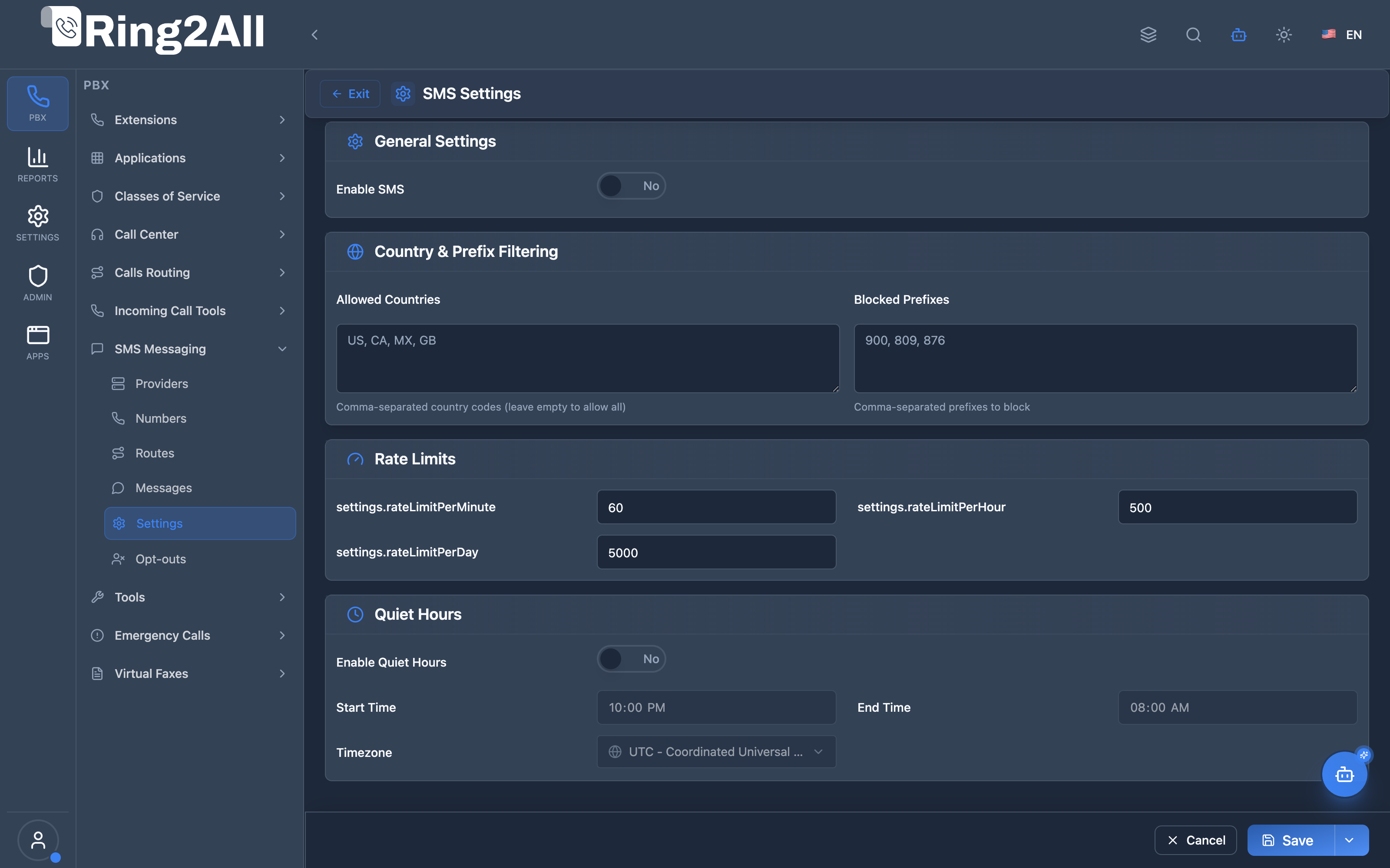 SMS Settings Configuration Form