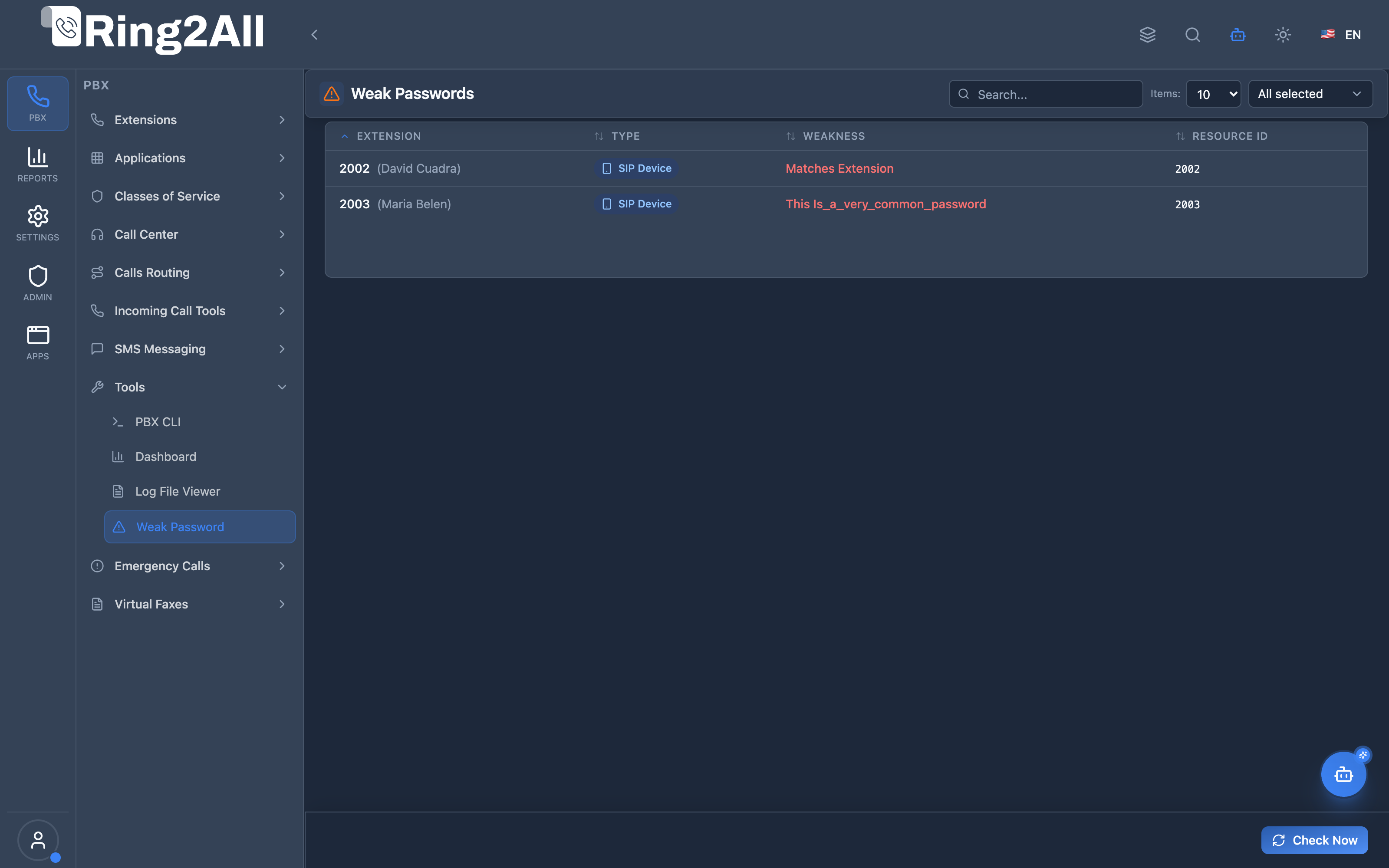 Weak Passwords Security Scan View