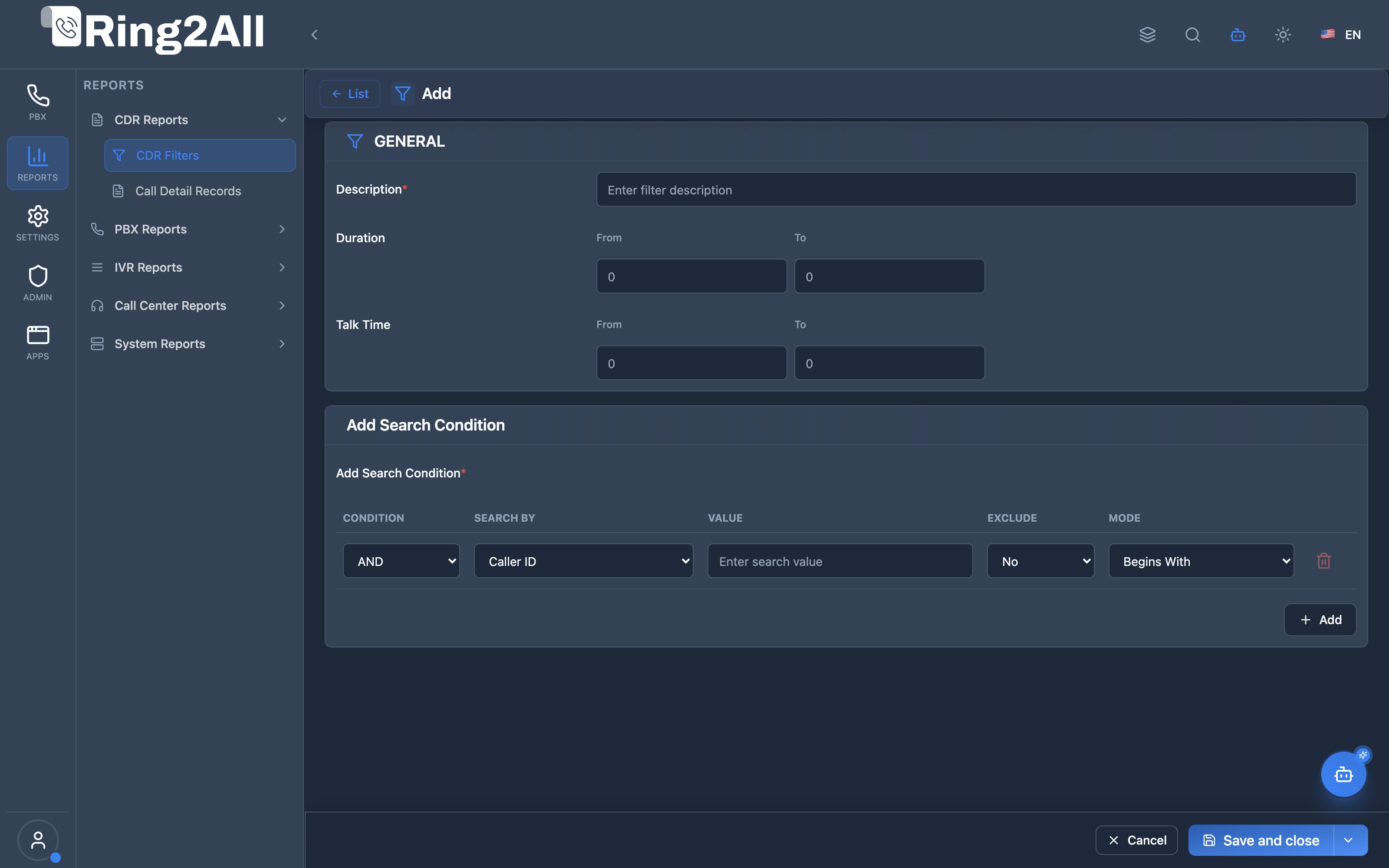CDR Filter Configuration Form