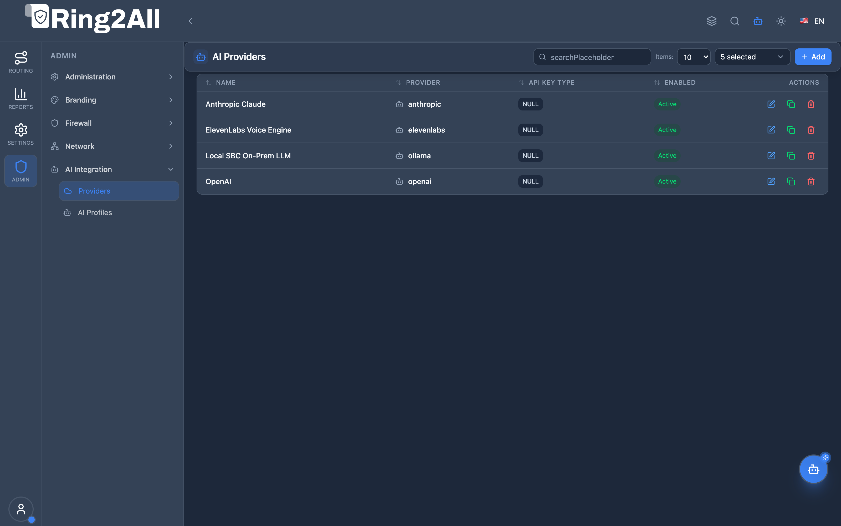 AI Providers List View