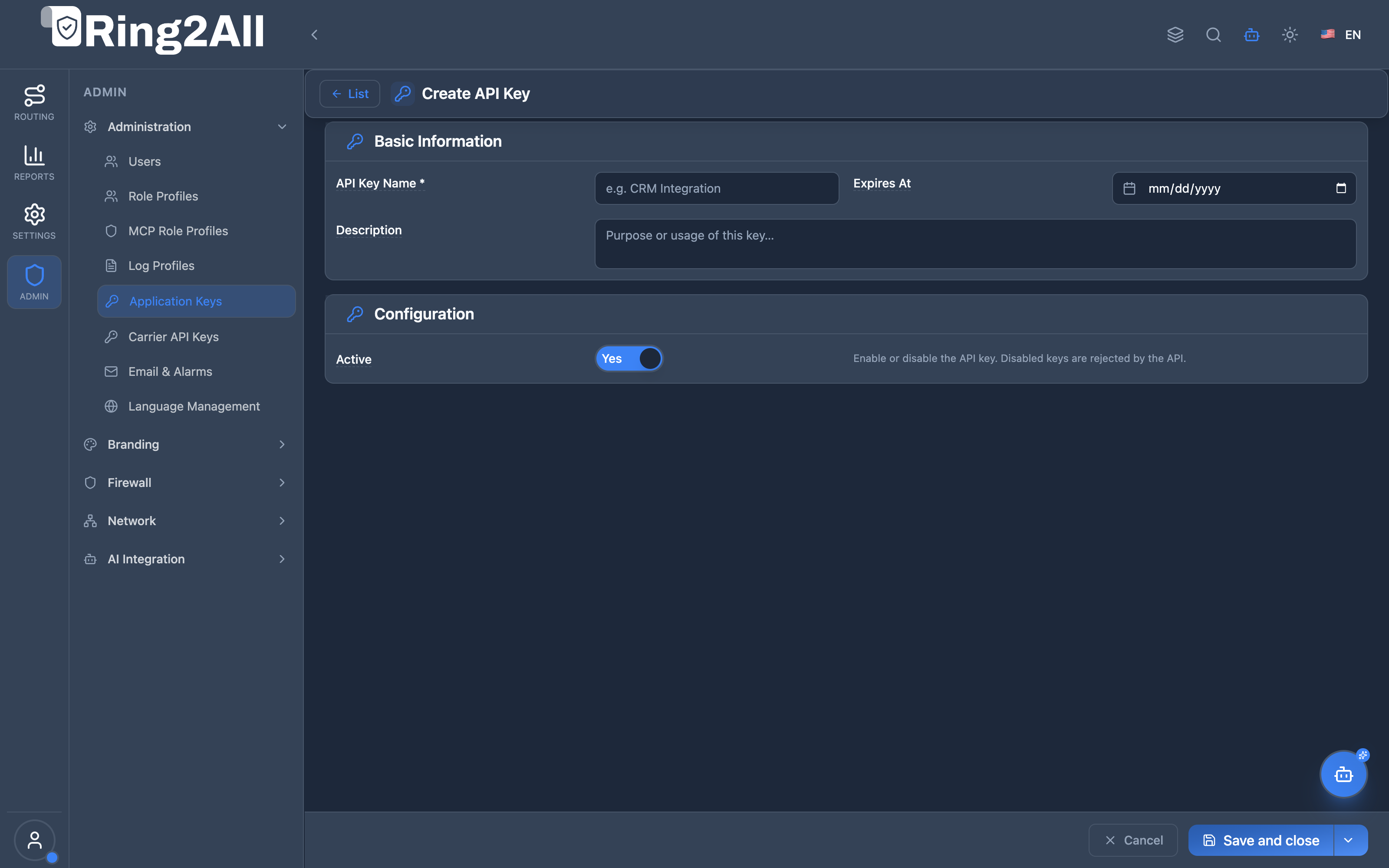 Application Key Configuration Form