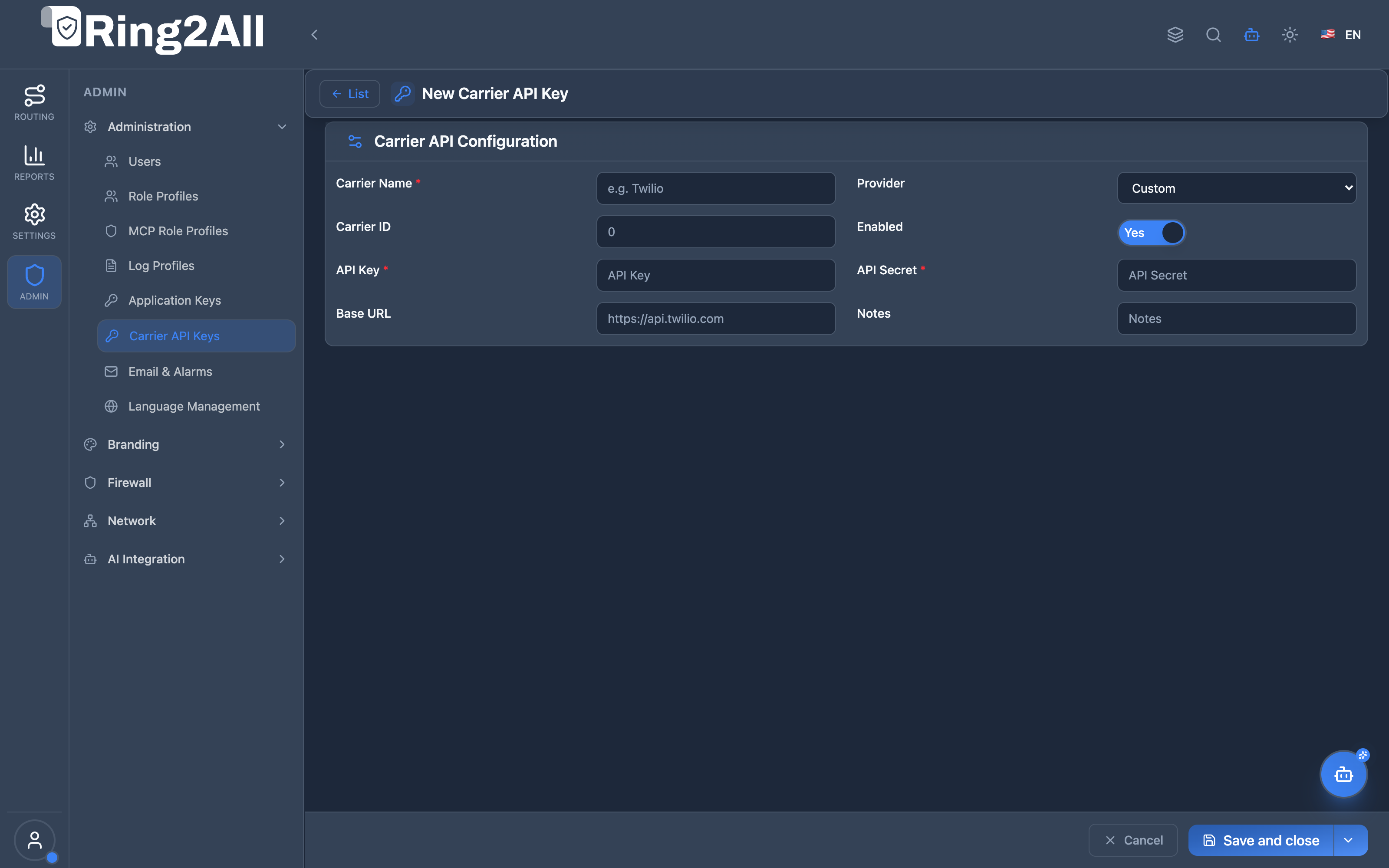 Carrier API Key Configuration Form