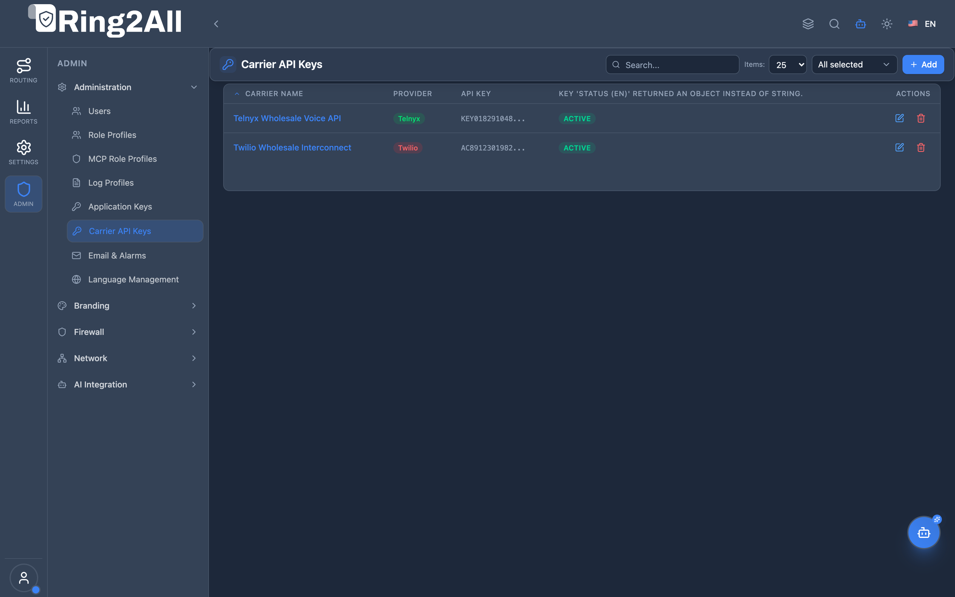 Carrier API Keys List View